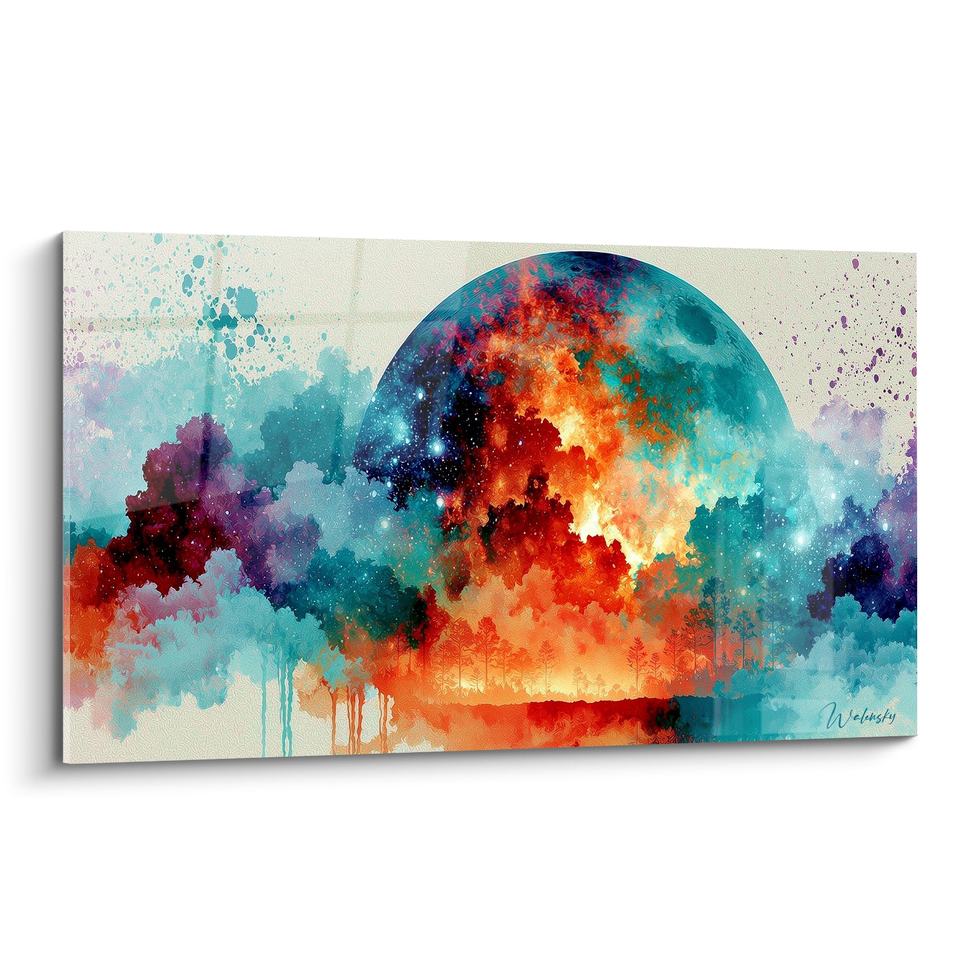 Sphère céleste orange et turquoise en aquarelle, forêt sombre reflétée dans une eau calme