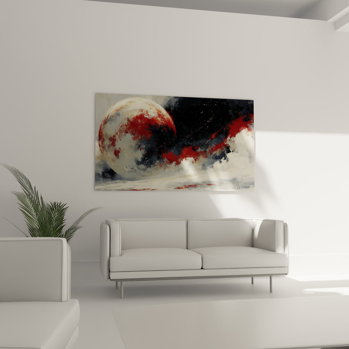 Sphère planétaire rouge et blanche baignant dans un ciel noir étoilé, au-dessus d'un canapé dans un salon lumineux