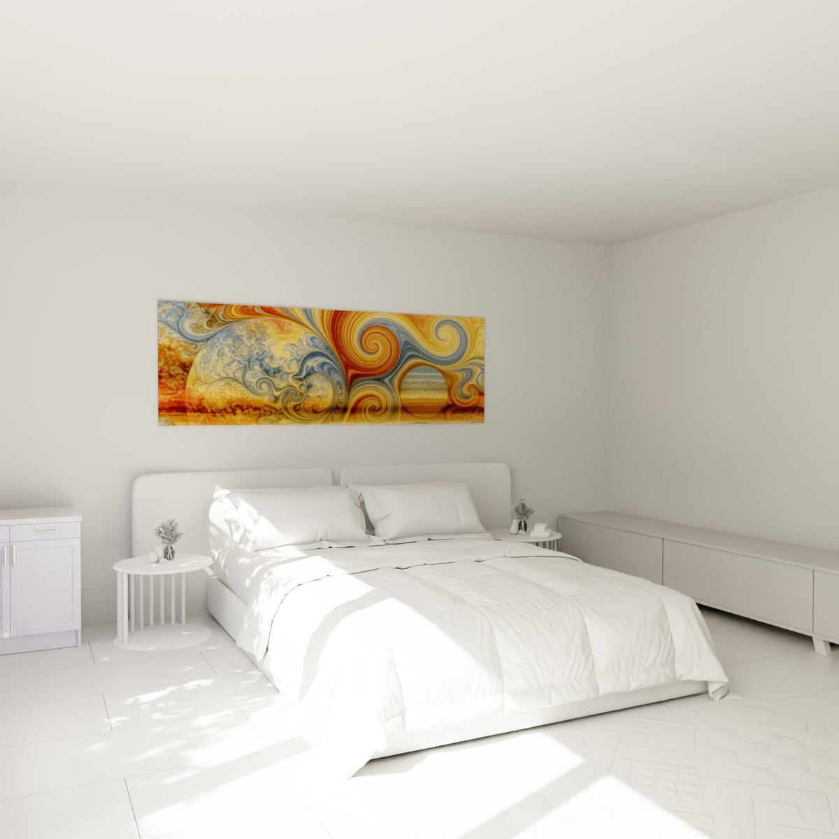Sphères célestes ocre et grises tourbillonnantes accrochées au-dessus d'un lit dans une chambre claire
