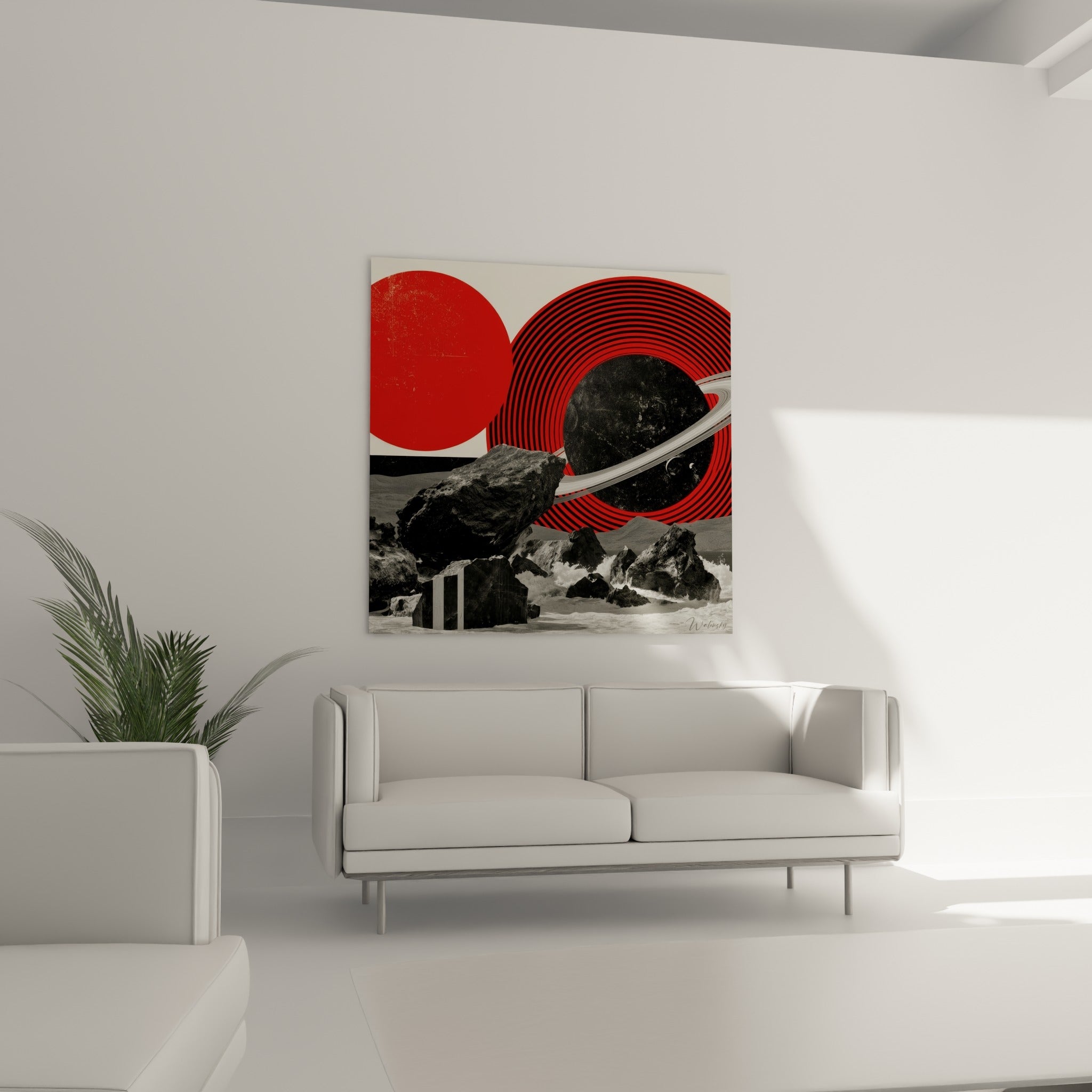 Sphère sombre cerclée de rouge de ce tableau Planète disposée au-dessus d'un canapé dans un salon lumineux