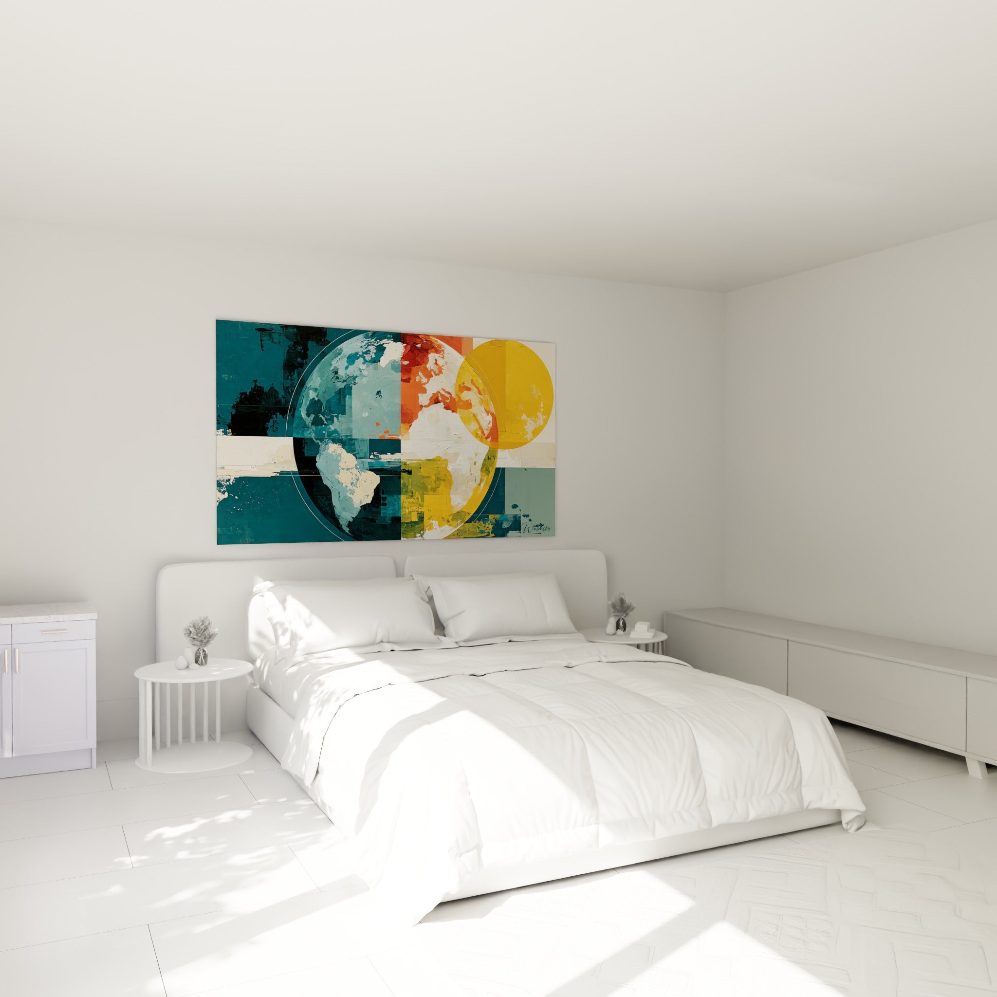 Globe abstrait bleu marine et jaune soleil, empâtements texturés, au-dessus d'un lit dans une chambre claire