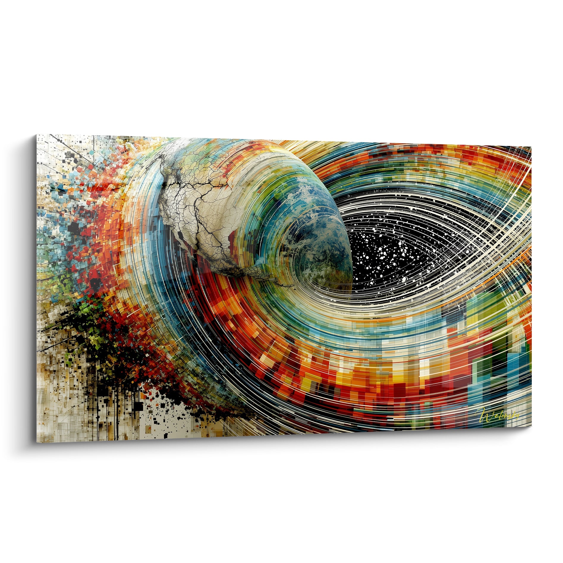 Planète terrestre bleu marine et rouge terracotta happée par une spirale d'étoiles noires