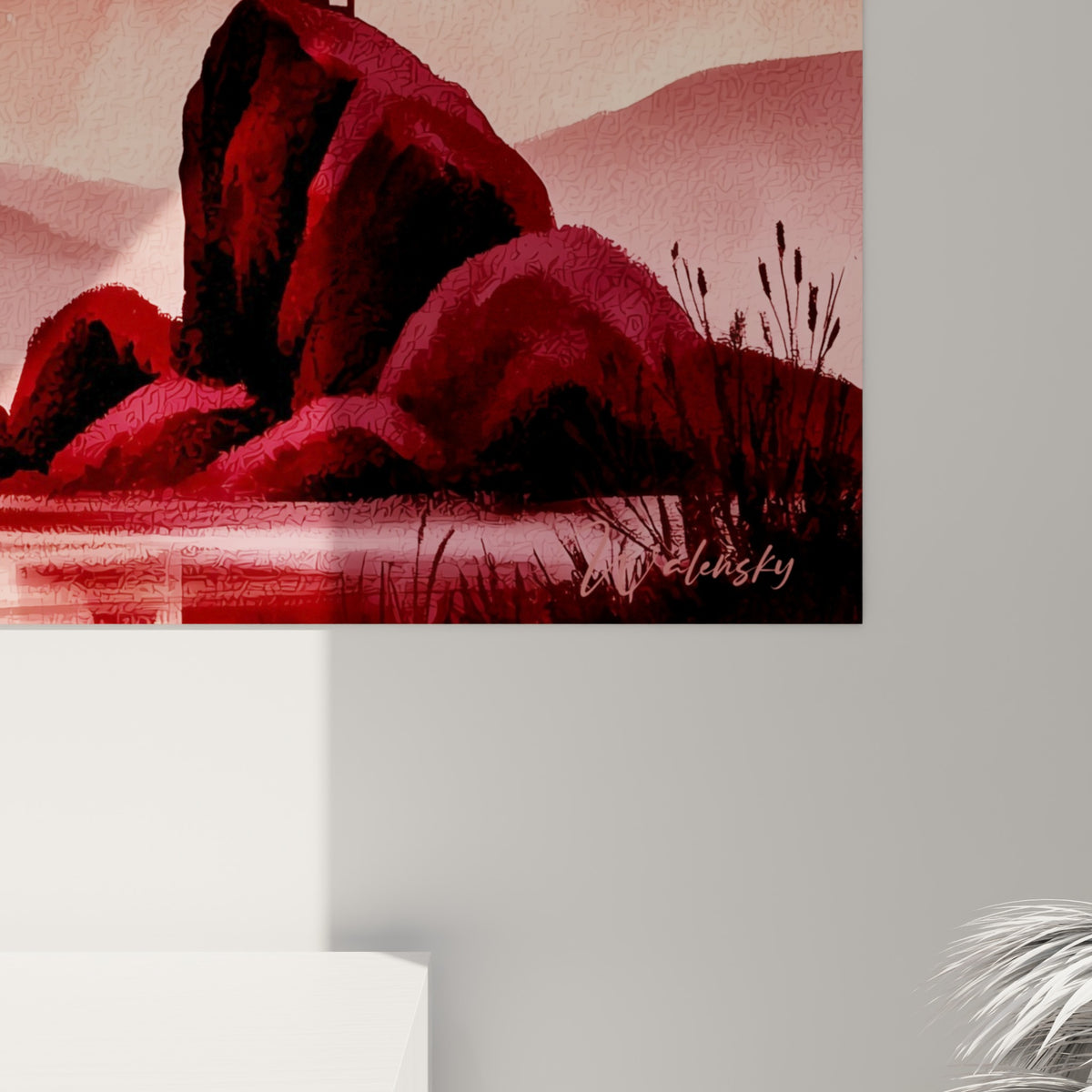 Empâtements et dégradés rouges de la planète, coulures brumeuses roses et bordeaux visibles en surface texturée