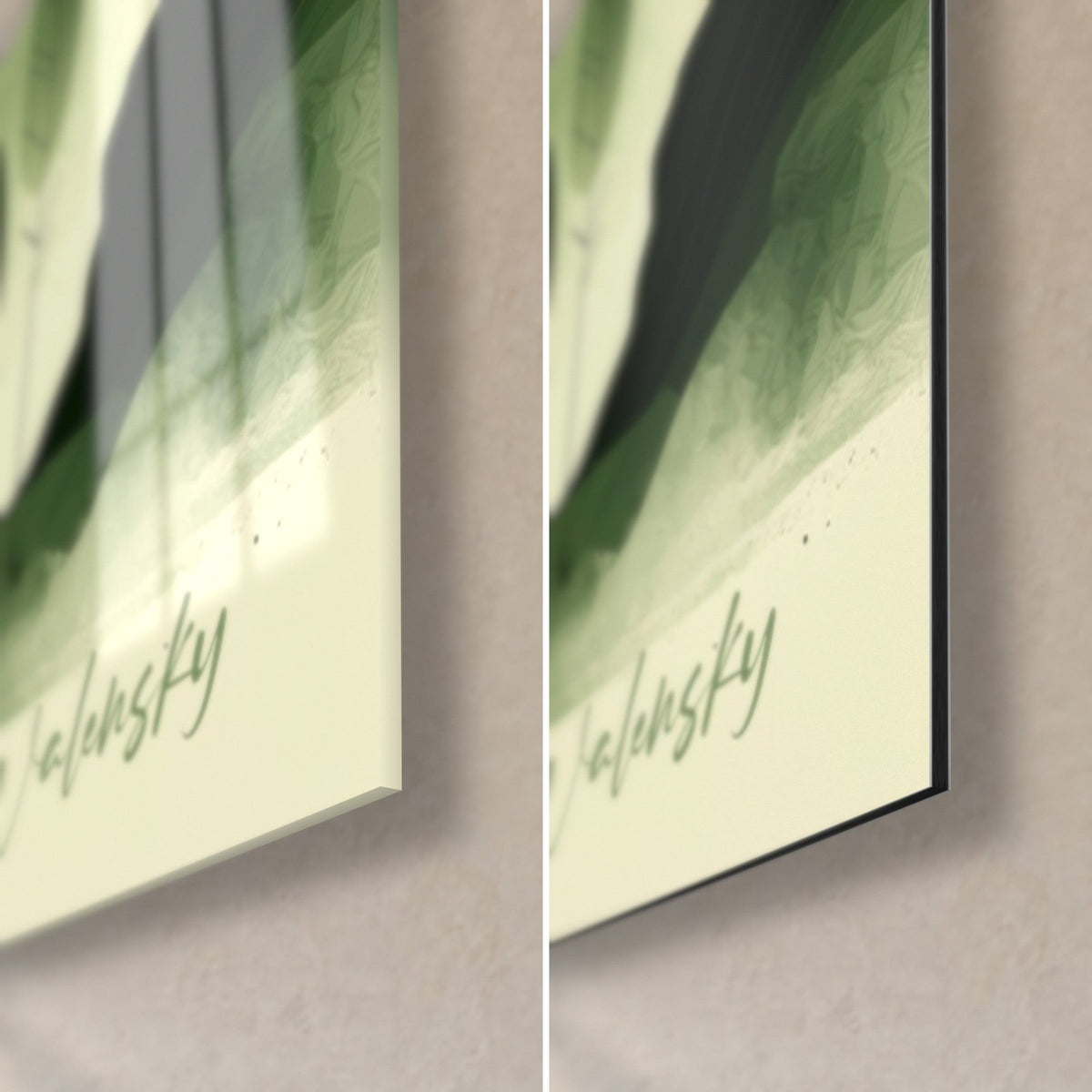 Wall art green ringed planet, bottom right corner: Walensky signature in sage green on cream background, glossy glass on the left, matte black Dibond on the right