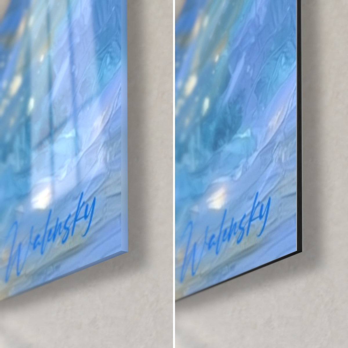 Wall art blue night and gold globe, bottom right corner: glossy glass on the left, matte black Dibond on the right, Walensky signature