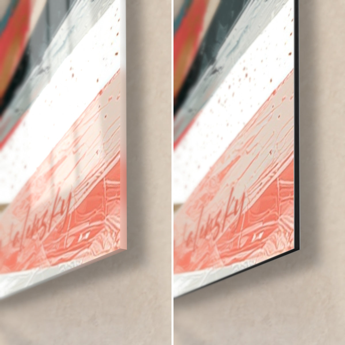 Wall art lone wanderer in coral and cream stripes, lower right corner in glossy acrylic glass and matte Dibond, black 3 mm edge