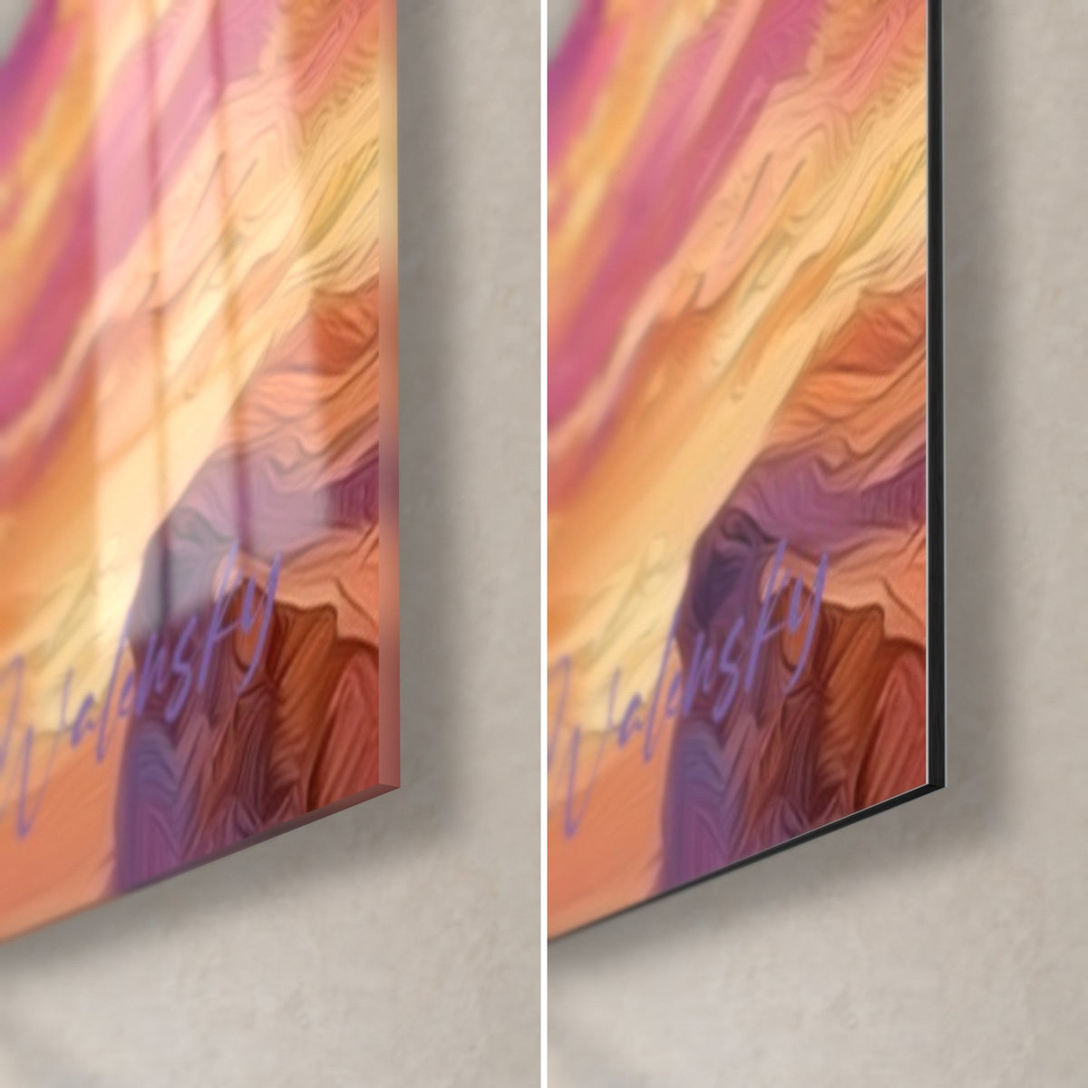 Tableau astre bleu et rose, coin bas droit : verre acrylique brillant aux reflets orangés, Dibond mat noir, tranche 3 mm