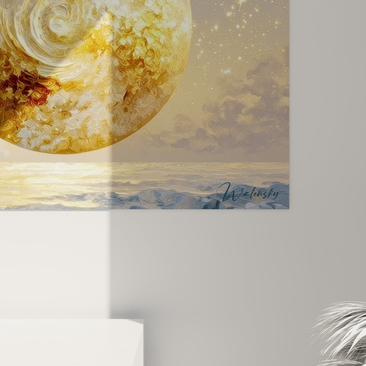 Empâtements dorés et bruns se mêlant en spirale sur la texture épaisse de la planète peinte