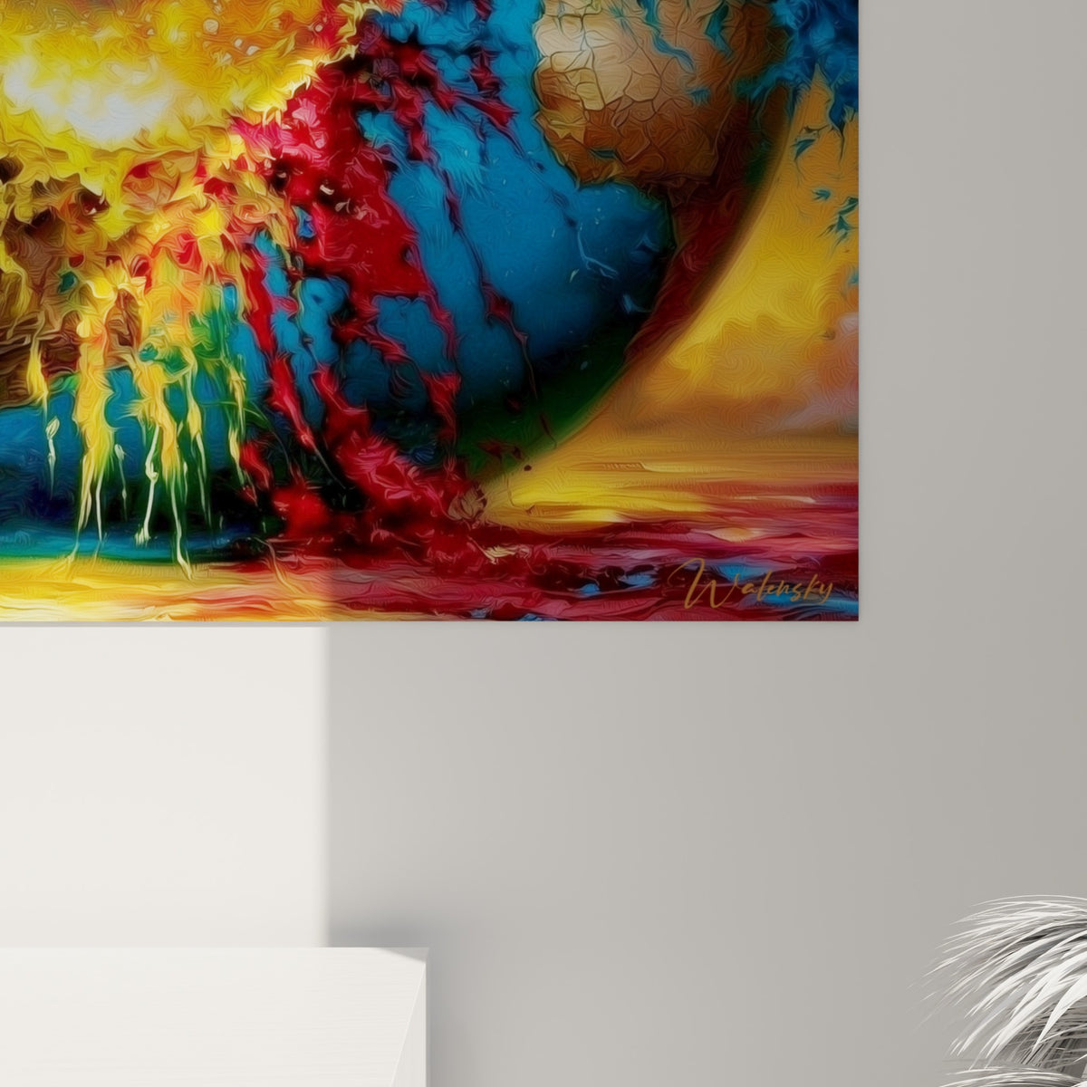 Empâtements rouge et or se mêlant au bleu profond, coulures visibles sur la toile de la Planète