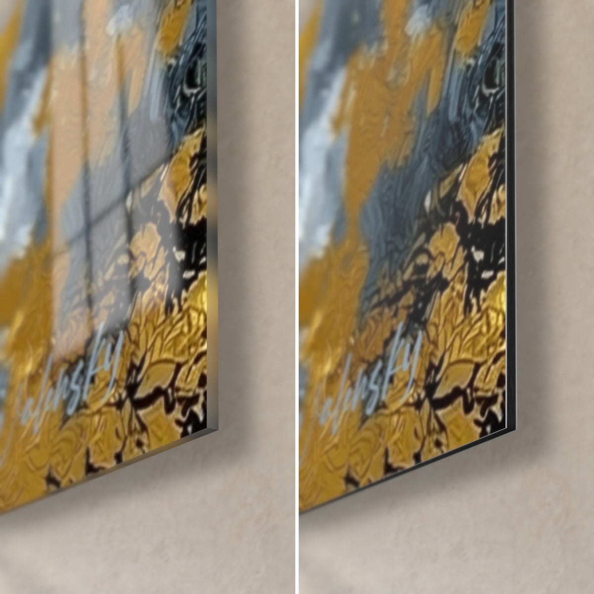 Tableau Terre dorée et gris acier, coin bas droit : verre acrylique brillant à gauche, alu Dibond mat à droite, tranche de 3 mm