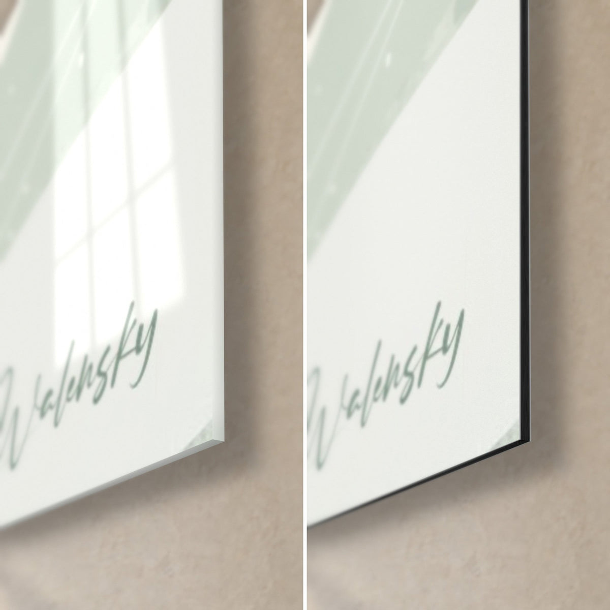 Wall art green sphere and black mountain, lower right corner: glossy glass with reflections, matte Dibond aluminium, green Walensky signature, 3 mm edge