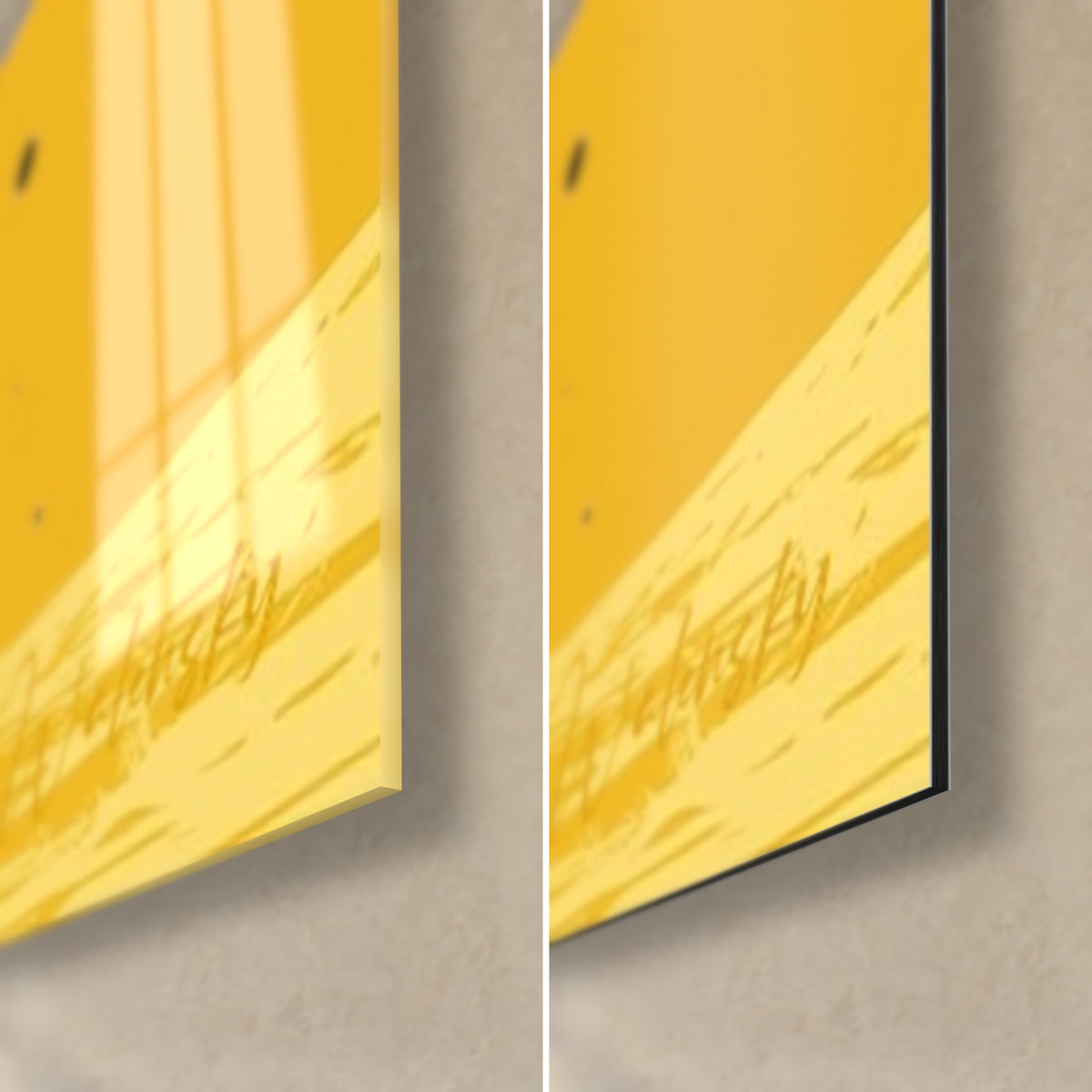 Wall art fragmented celestial body in grey and yellow, bottom right corner in glossy acrylic glass and matte black Dibond, 3 mm edge