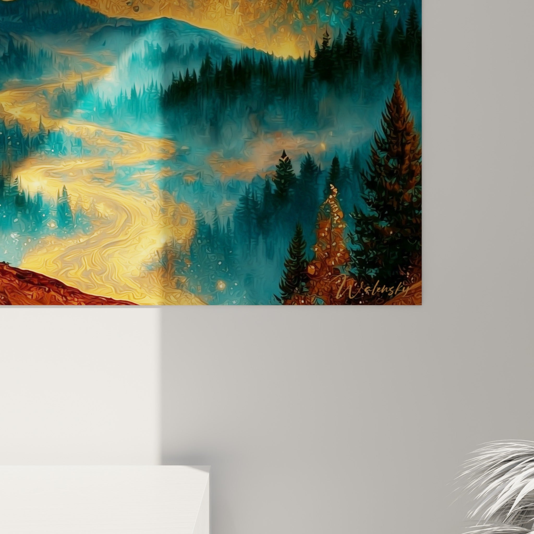 Matière granuleuse dorée et turquoise de la planète, empâtements et coulures visibles de près sur la toile accrochée