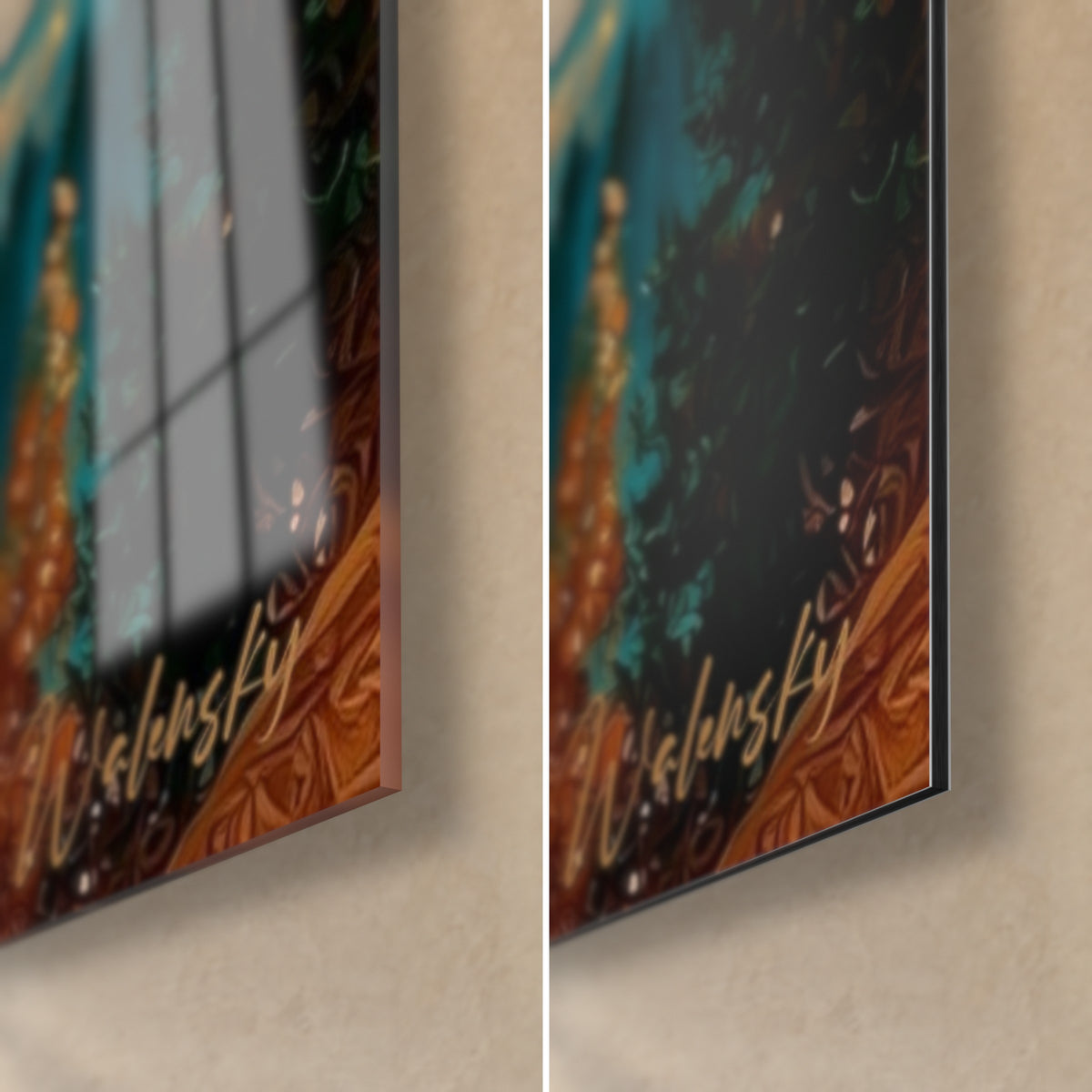 Tableau globe turquoise et or, coin bas droit en verre acrylique brillant et alu Dibond mat, tranche de 3 mm visible