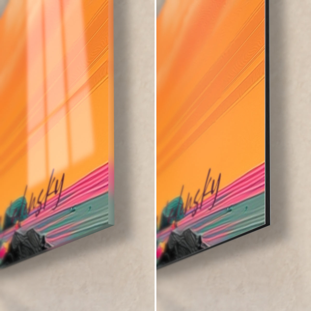 Cuadro esfera naranja y magenta, esquina inferior derecha, cristal acrílico brillante con reflejos a la izquierda, aluminio Dibond negro mate a la derecha