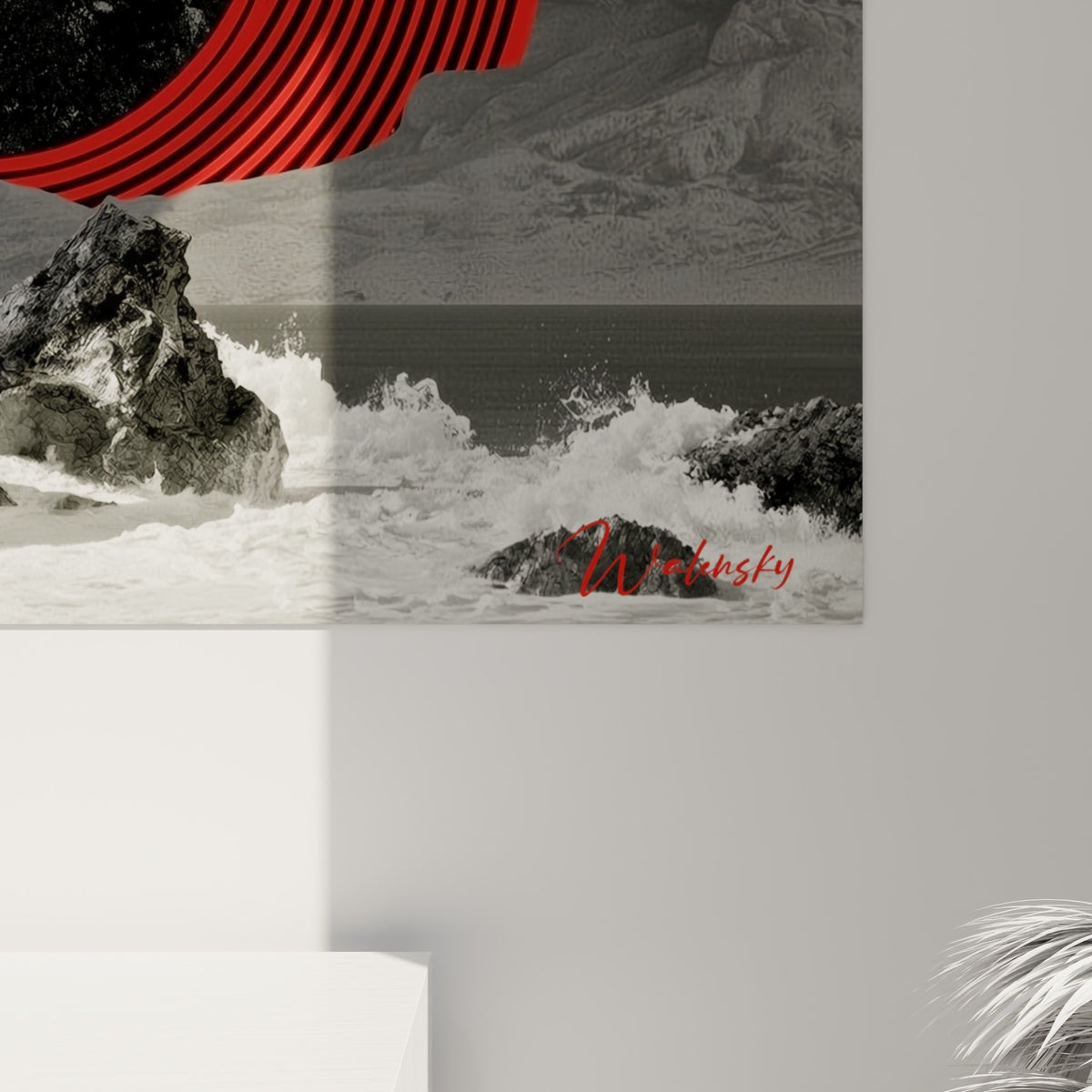 Grain de l'impression sur les anneaux rouge et noir et la texture marbrée de la planète, coulures visibles