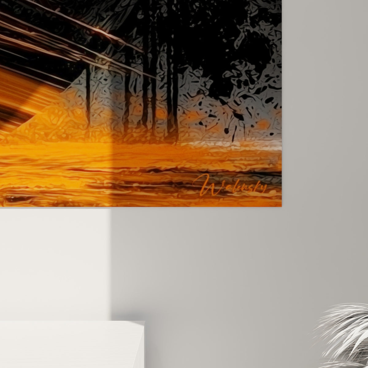 Empâtements orange vif et coulures violettes se mêlant sur la surface granuleuse de cette planète peinte