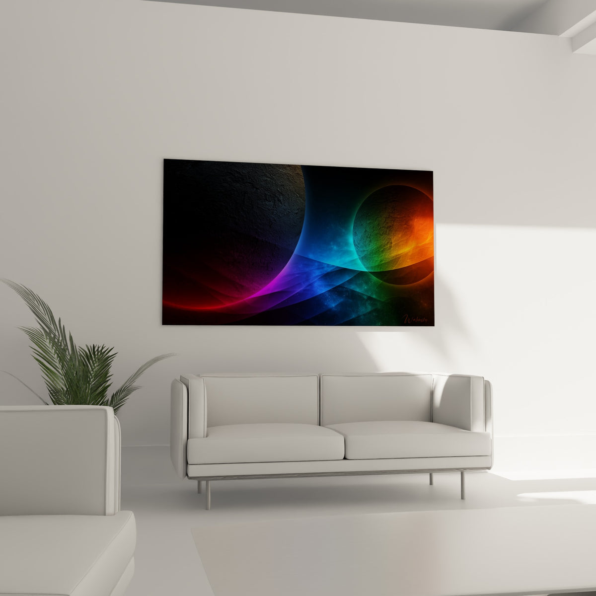 Voiles cosmiques bleu et orange de la Planète disposés au-dessus d'un canapé dans un salon lumineux