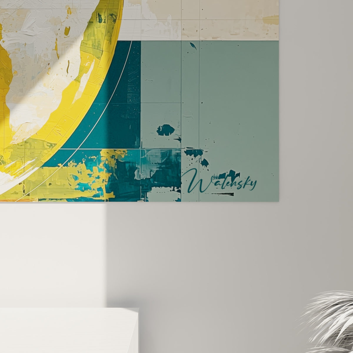 Détail de peinture texturée montrant les empâtements blanc cassé et ocre doré du globe terrestre accroché