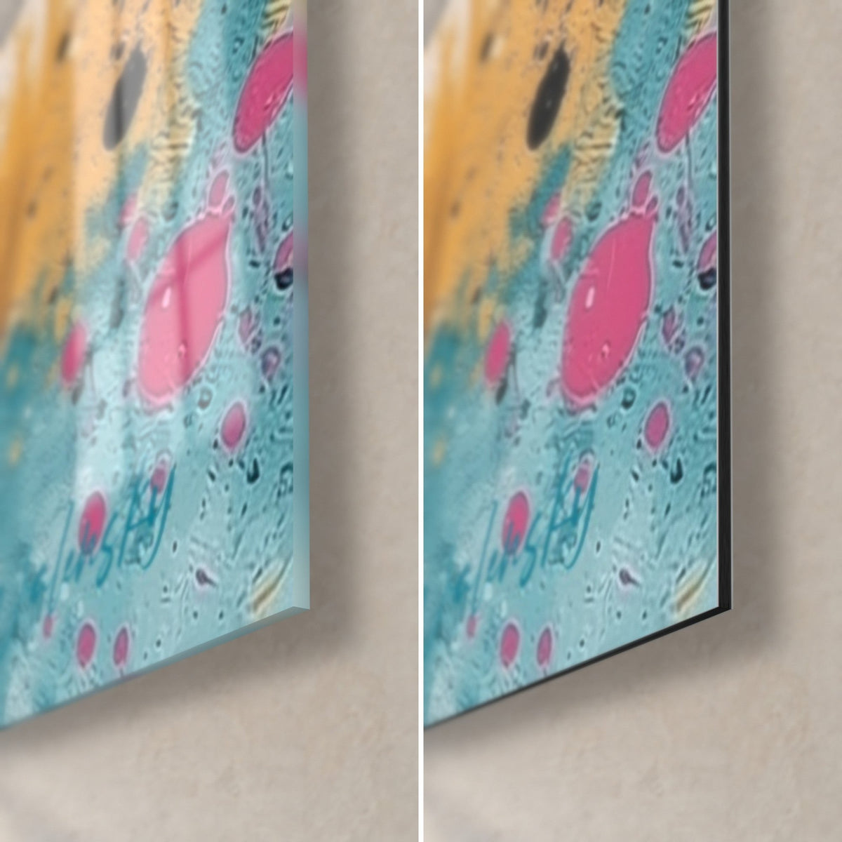 Gemälde Gestirn in Rosa und Türkis, untere rechte Ecke: glänzendes Acrylglas links, mattes schwarzes Dibond rechts