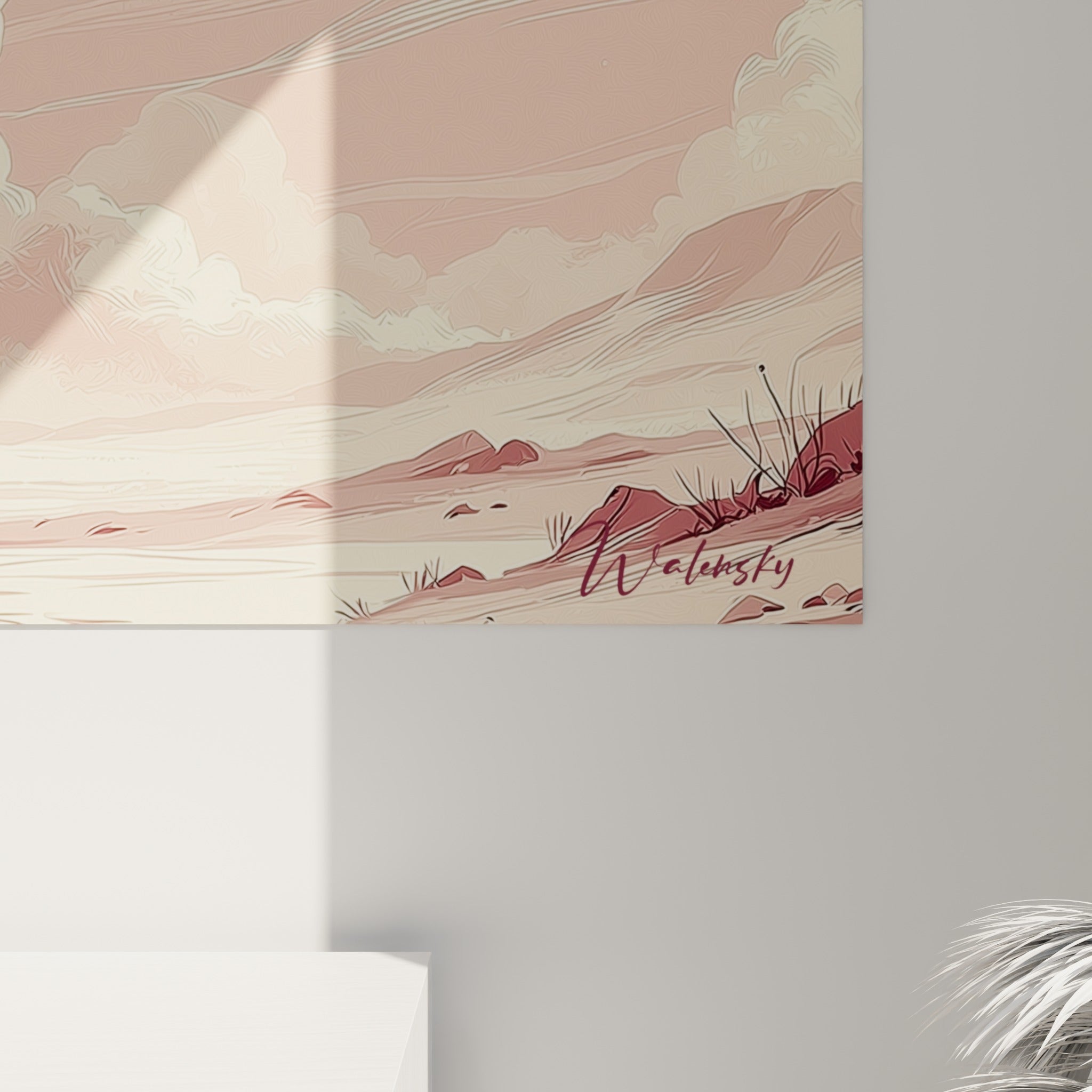 Détail de la matière du tableau planète révélant les nuances rose poudré et beige nacré