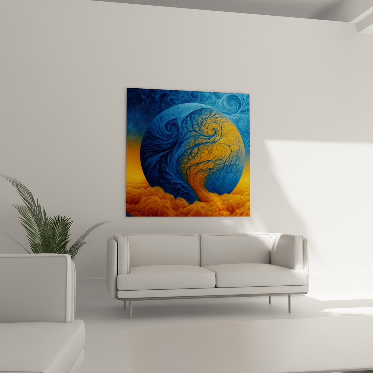 Composition Planète tourbillonnante orange doré et bleu profond au-dessus d'un canapé dans un salon lumineux
