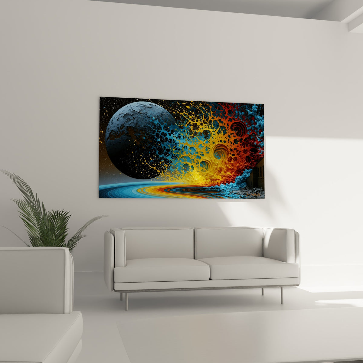 Tourbillons orange et bleu marine autour d'une sphère anthracite texturée, au-dessus d'un canapé dans un salon lumineux