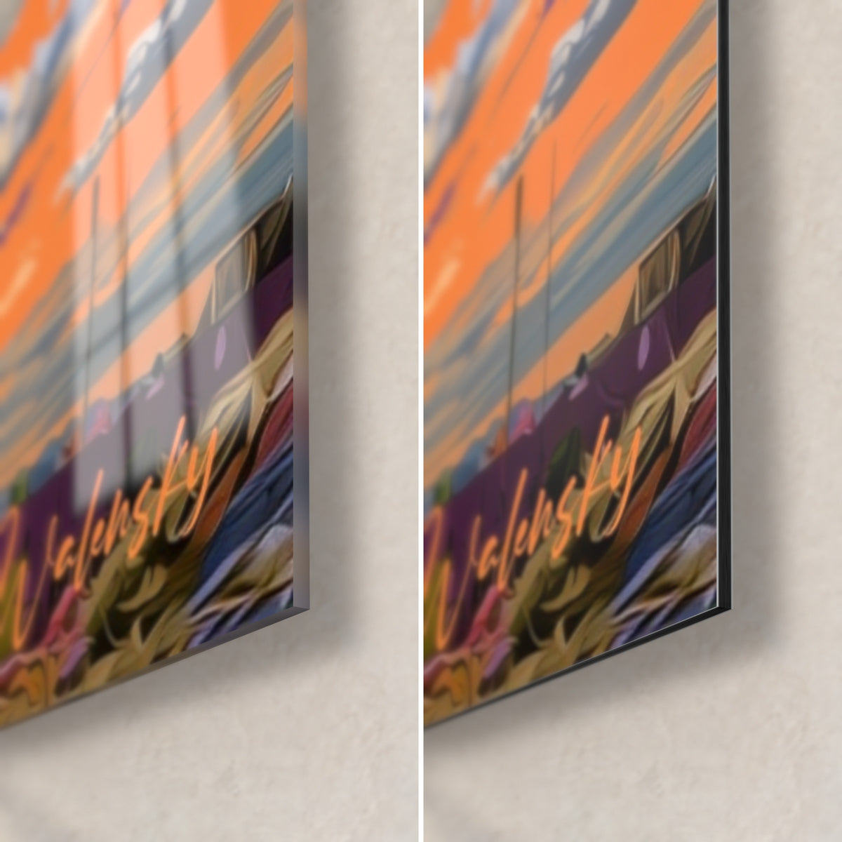 Tableau astre rose et ciel orange, coin bas droit, signature dorée, verre acrylique brillant à gauche, Dibond mat et tranche de 3 mm à droite