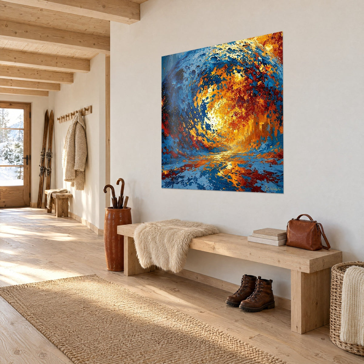 Wall art stellar storm spiral in golden yellow and midnight blue, brick red accents, white wall of a chalet entrance