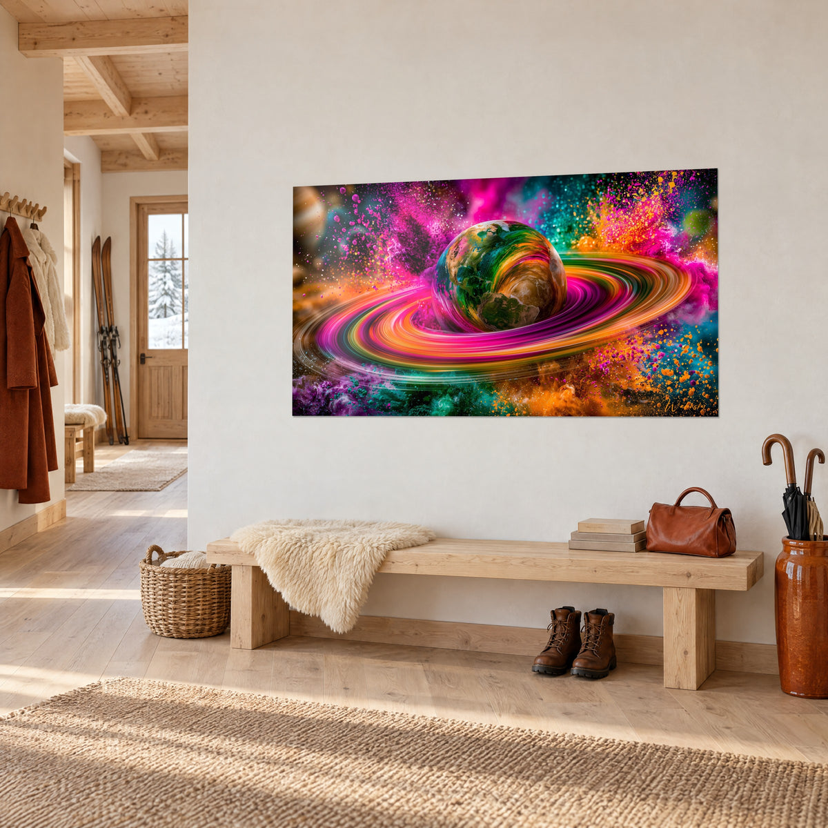 Tableau planète aux anneaux magenta et orange tourbillonnants, éclaboussures turquoise, accroché sur un mur blanc d'entrée de chalet