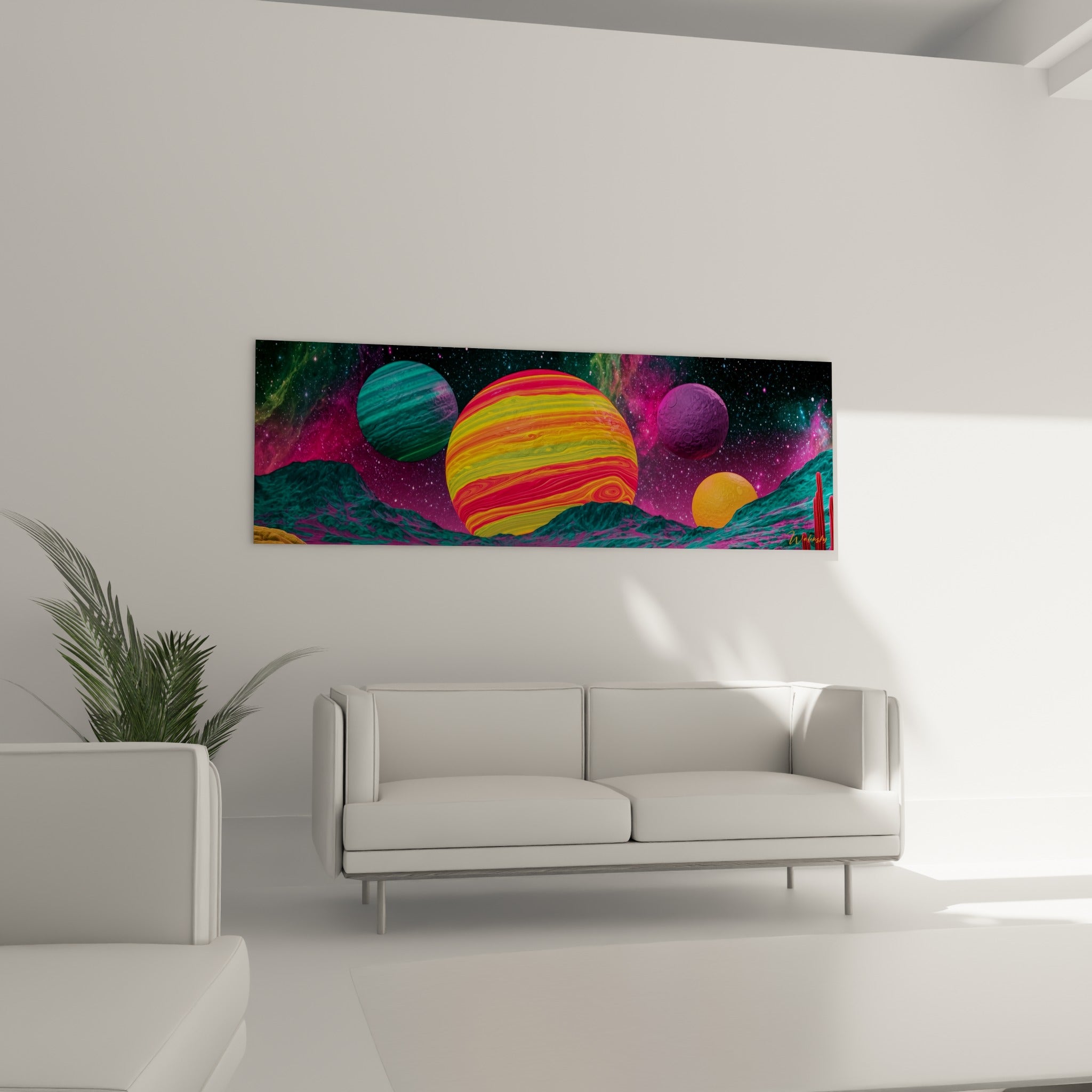 Planètes corail et turquoise sur crêtes rocheuses installées au-dessus d'un canapé dans un salon lumineux.