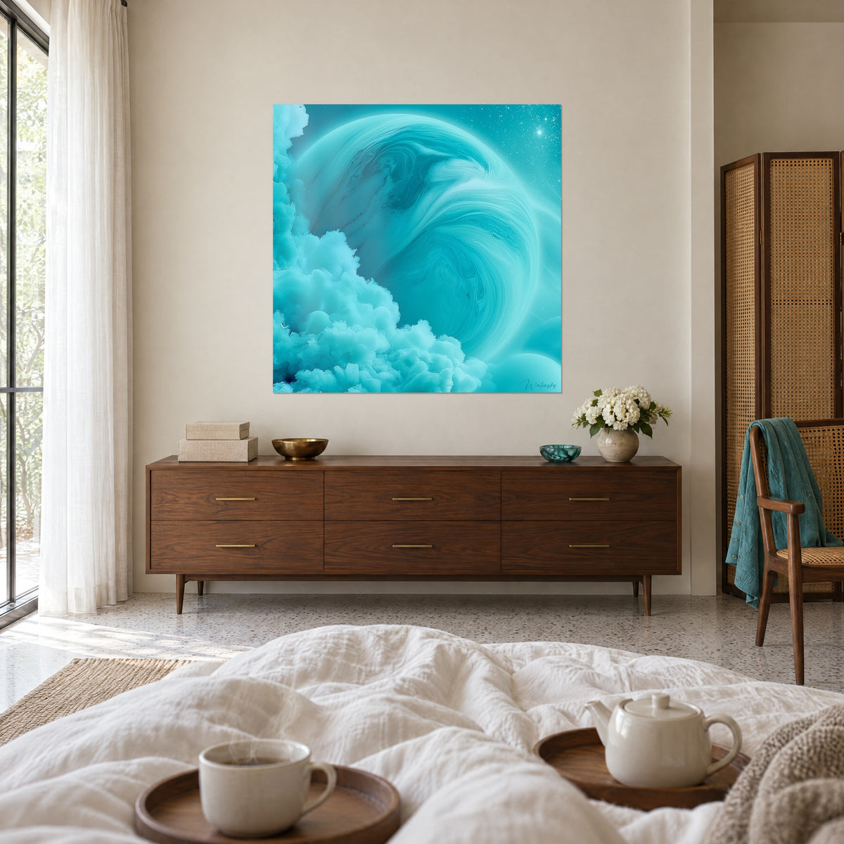 Gemälde Wasserwelt mit lagunenblauen und eisweißen Strudeln, aufgeblähte Wolken unten, über einem Bett in einem hellen Schlafzimmer