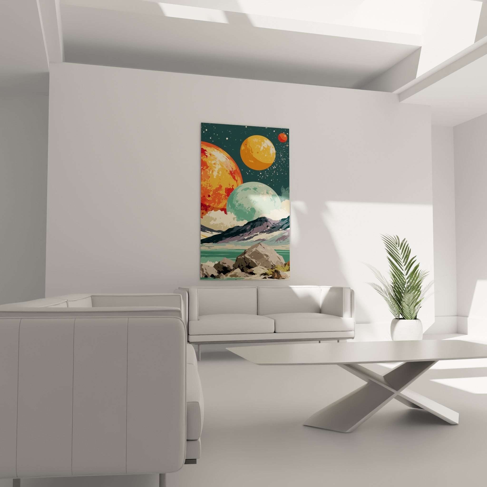 Montagnes violettes et planète turquoise d'un ciel cosmique orange, au-dessus d'un canapé dans un salon lumineux