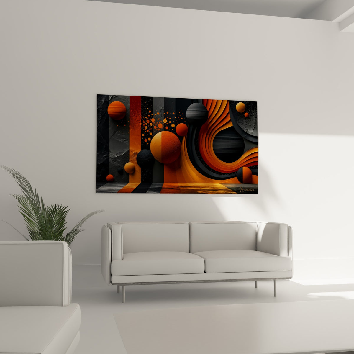 Univers de sphères terracotta et grises, tableau planète disposé au-dessus d'un canapé dans un salon lumineux