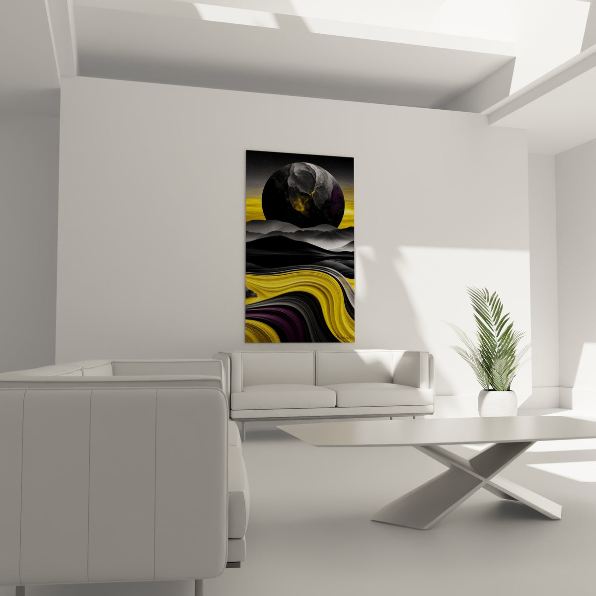 Vagues jaunes et anthracite sous un astre lunaire, au-dessus d'un canapé dans un salon lumineux