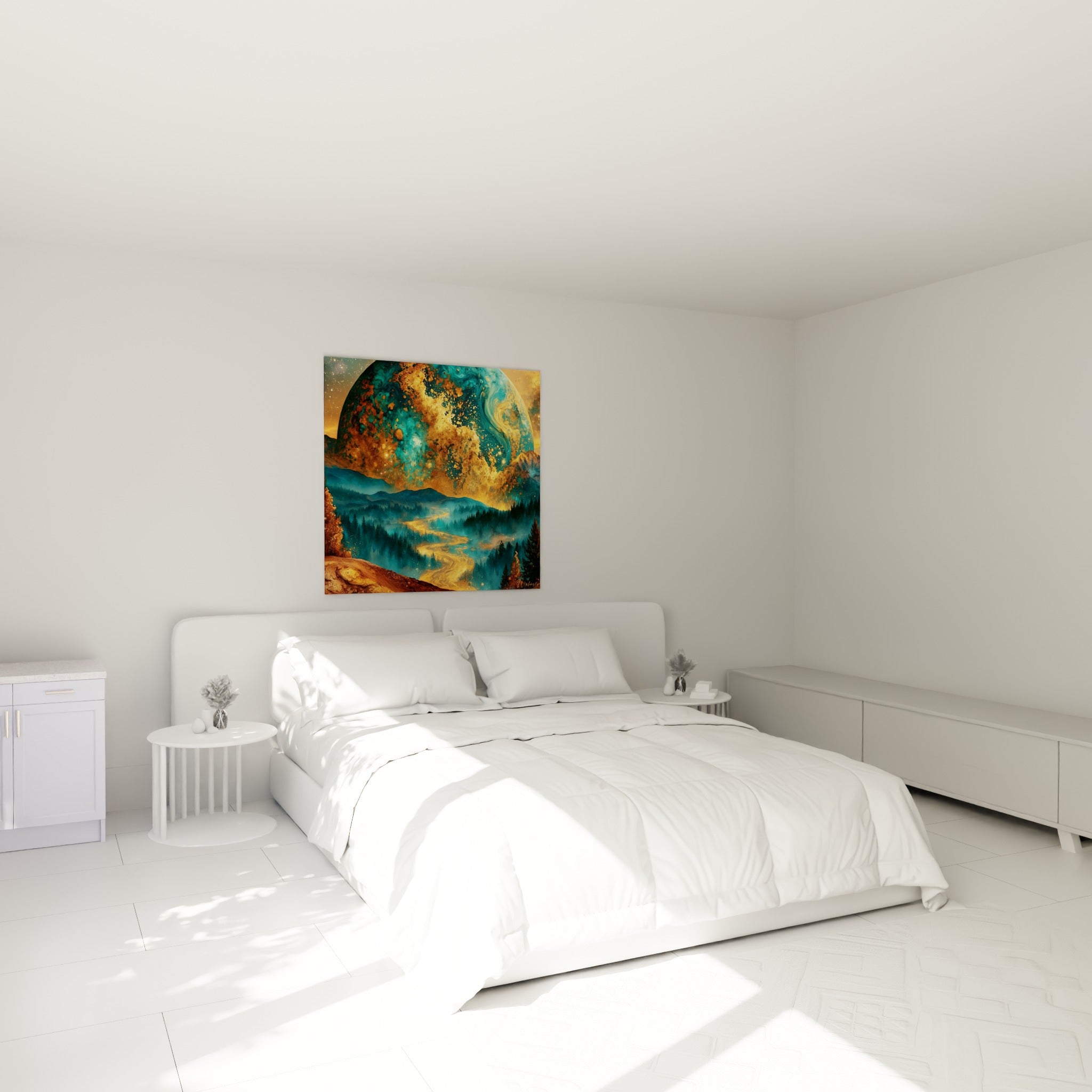 Astre doré et vallée boisée turquoise composant ce tableau Planète, accroché au-dessus d'un lit dans une chambre claire