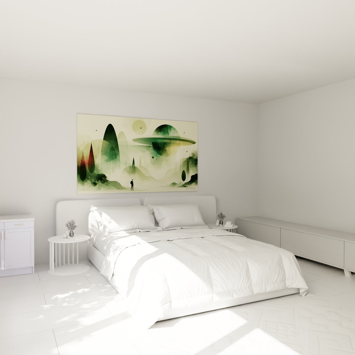 Silhouette noire contemplant une planète vert sauge et anthracite, accrochée au-dessus d'un lit dans une chambre claire