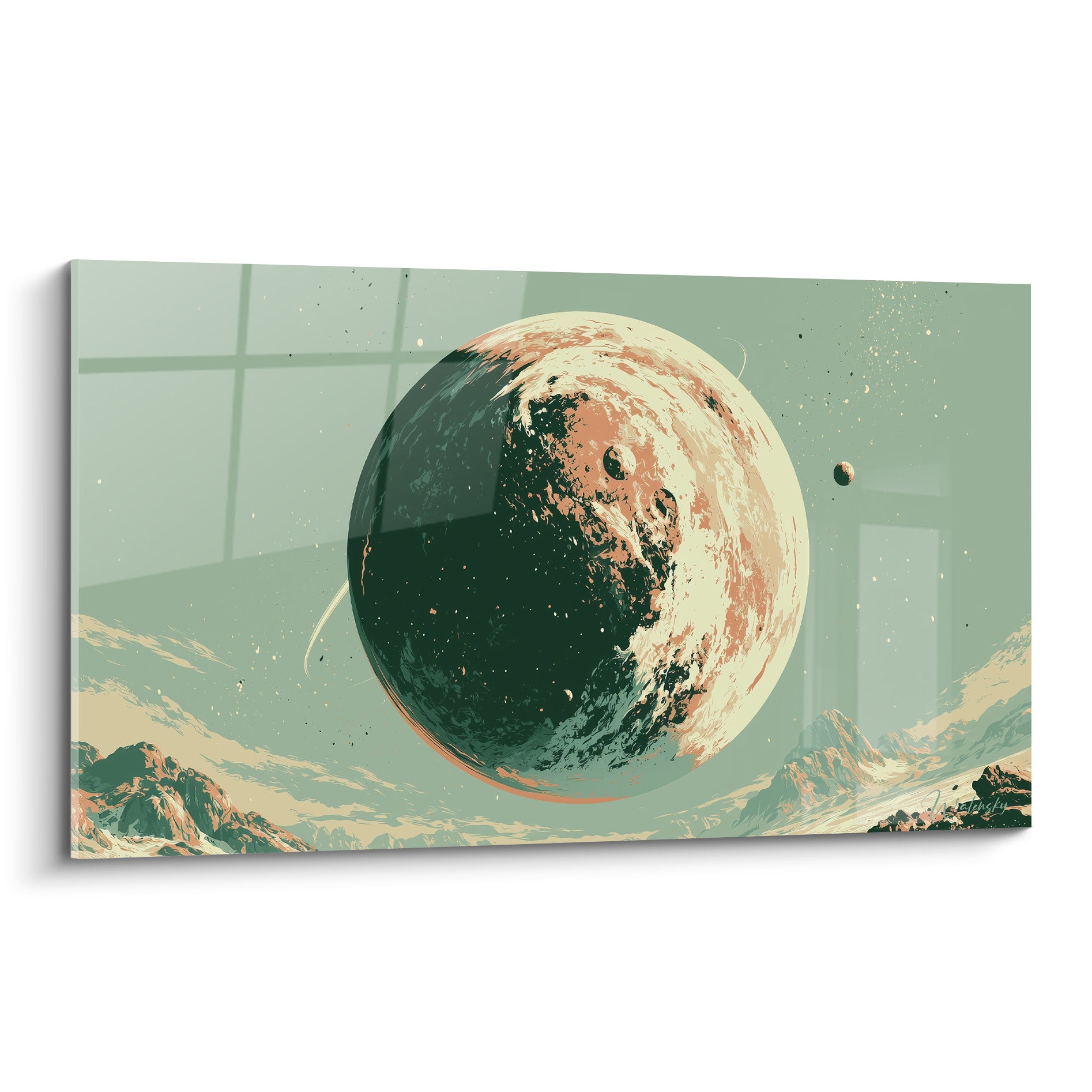 Planète cratérisée vert sombre et terracotta flottant devant un ciel étoilé sauge illustré