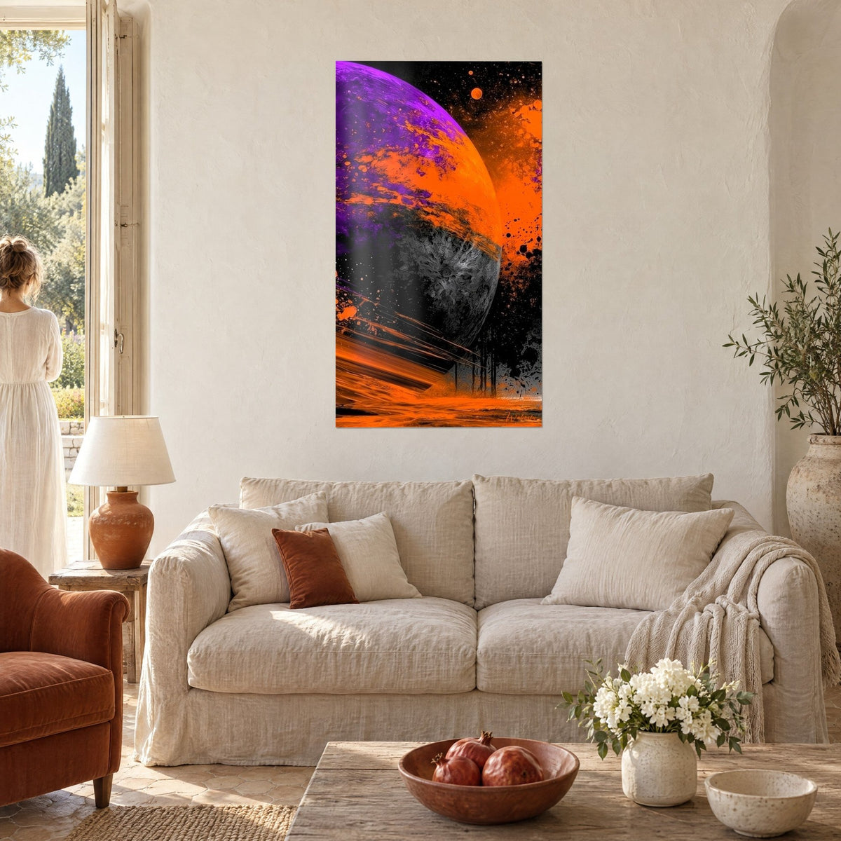 Wall art oversized violet streaked with orange, ink splashes on a starry black background, above a sofa in a bright living room