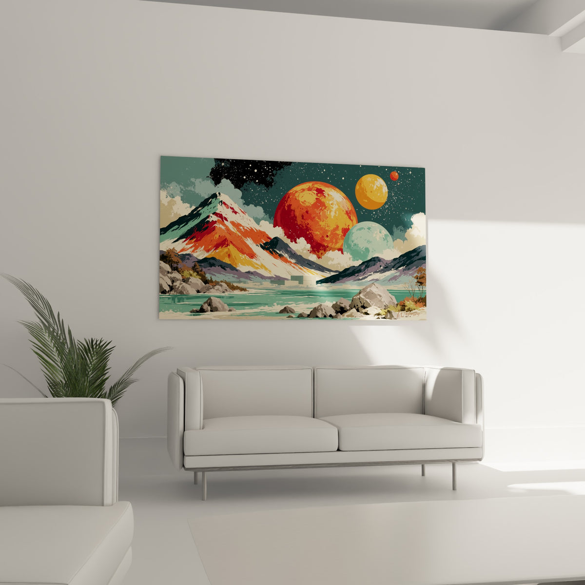 Montagne rouge cendre et planètes orange flottant dans un ciel étoilé, au-dessus d'un canapé dans un salon lumineux