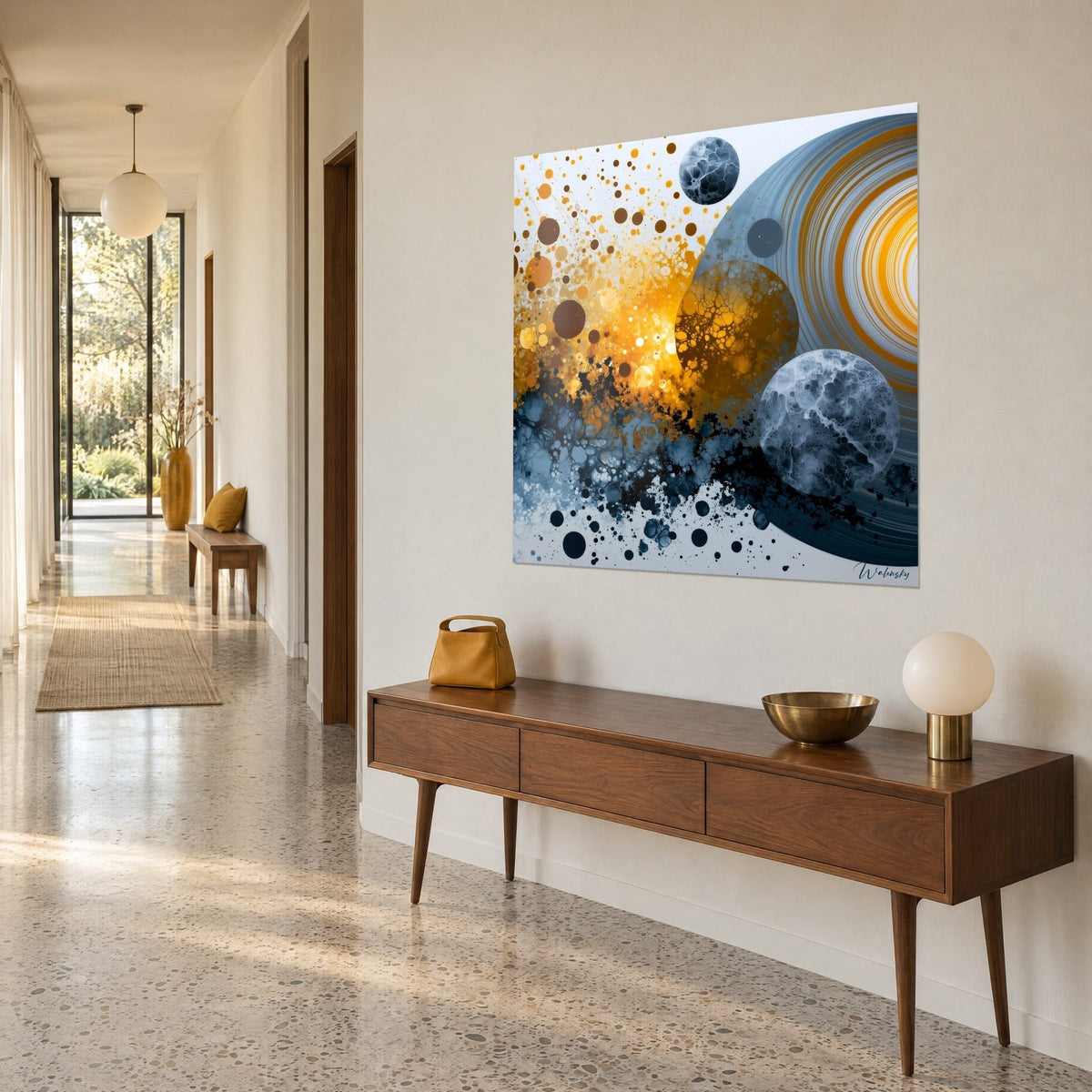 Wall art abstract cosmos with frosted spheres, gold and black splashes, three-quarter view, hallway and wooden console