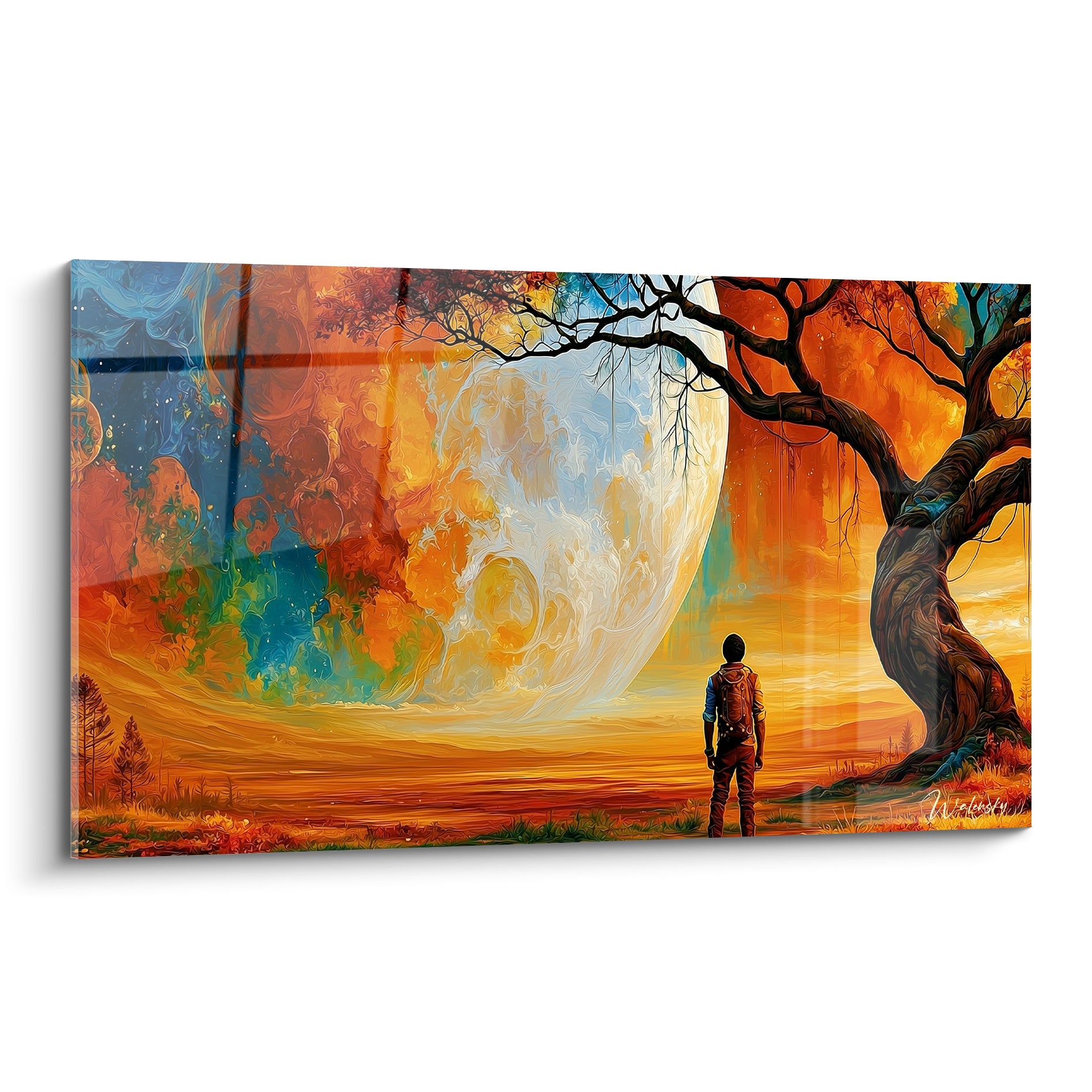 Voyageur solitaire face à une planète orange et turquoise sous un arbre noueux anthracite