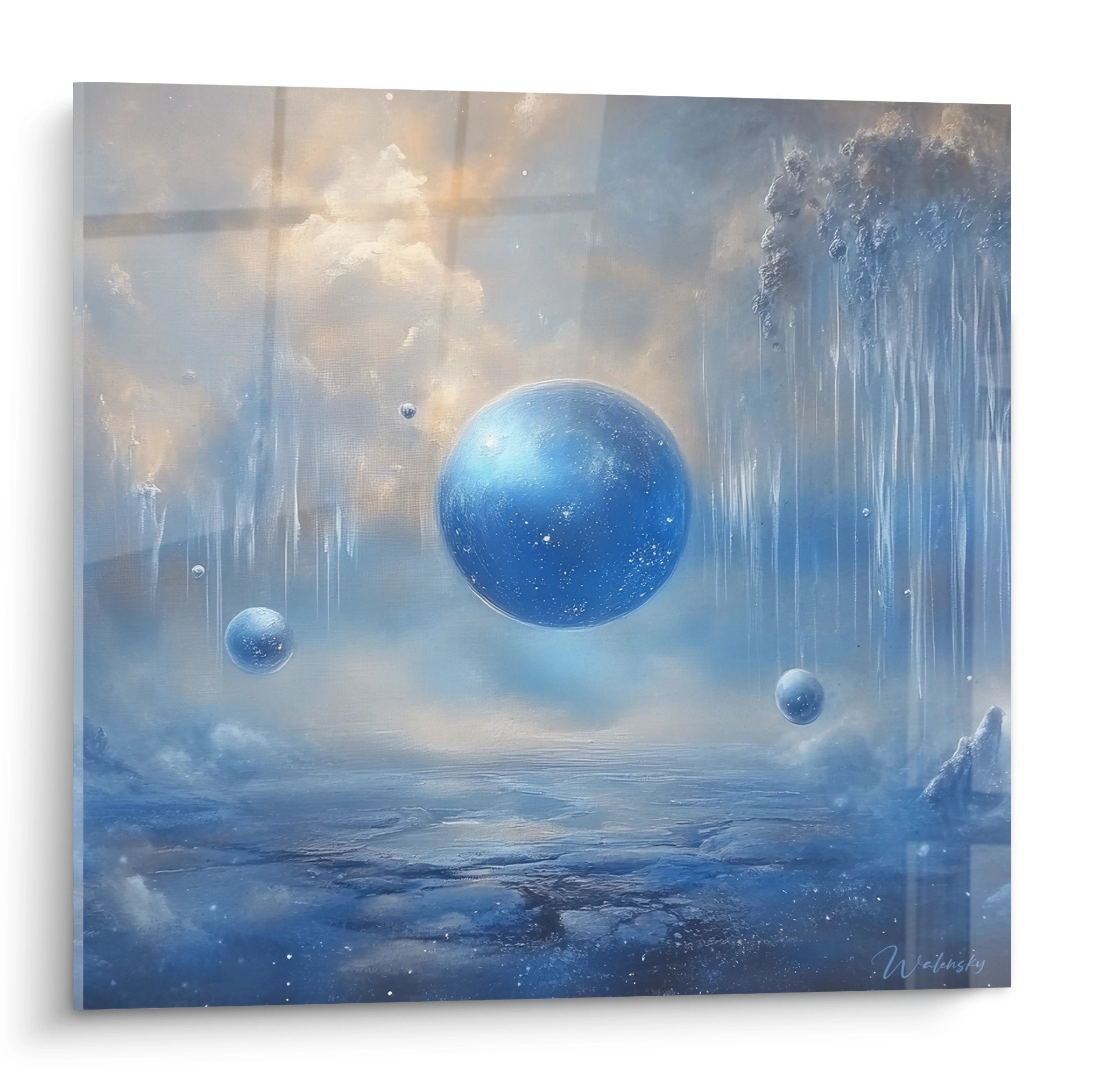 Tableau mural paysage abstrait planètes bleues cascades cosmiques art spatial contemporain