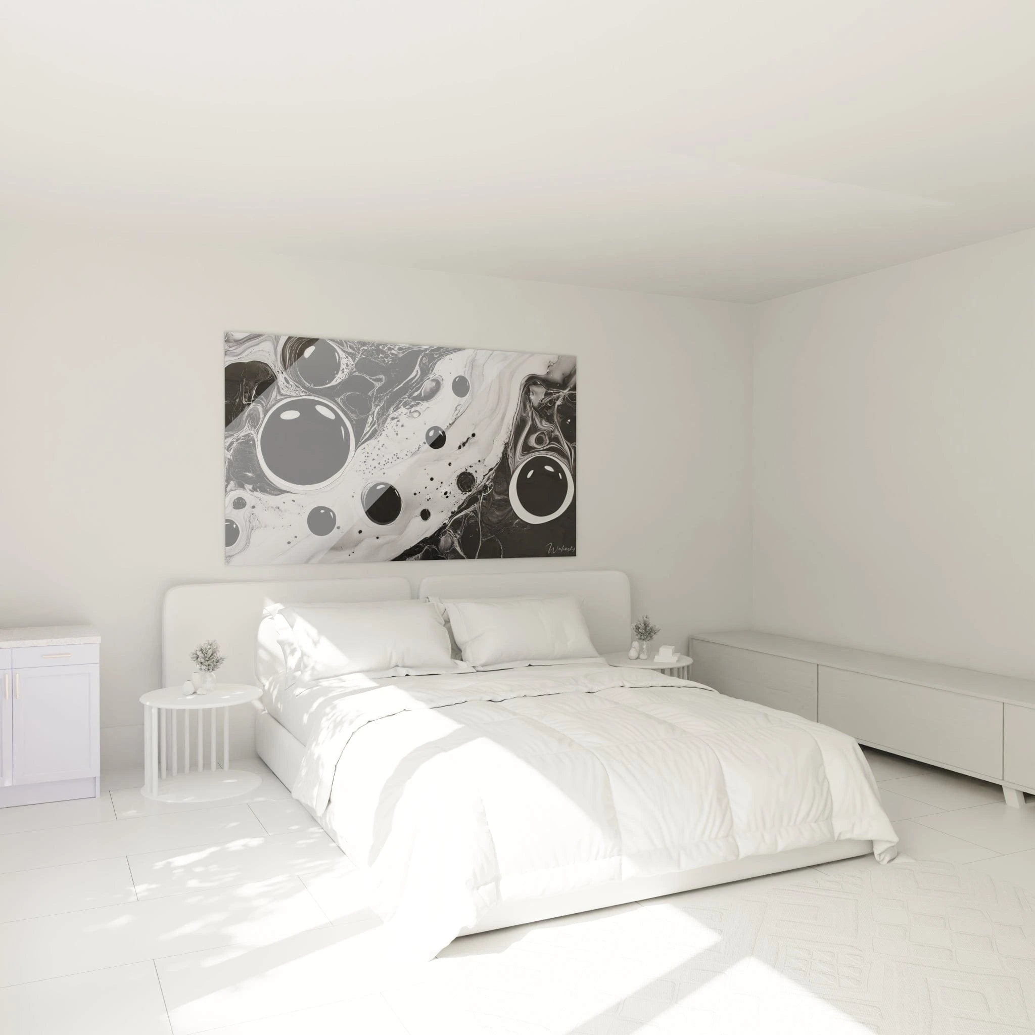 Tableau tacheté noir et blanc Walensky décorant une chambre lumineuse avec lit et meubles minimalistes