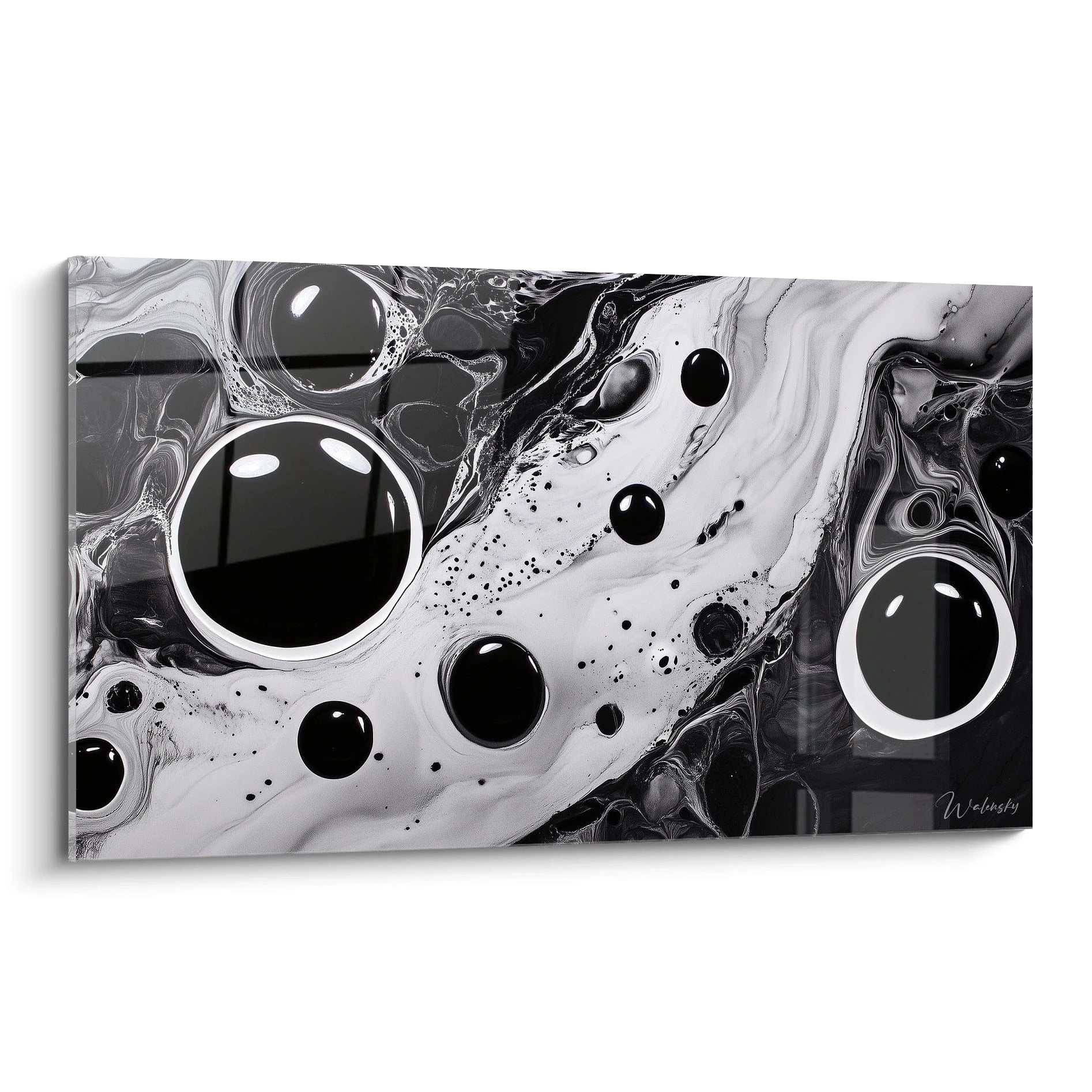 Tableau tacheté noir et blanc de Walensky avec des bulles et des motifs abstraits