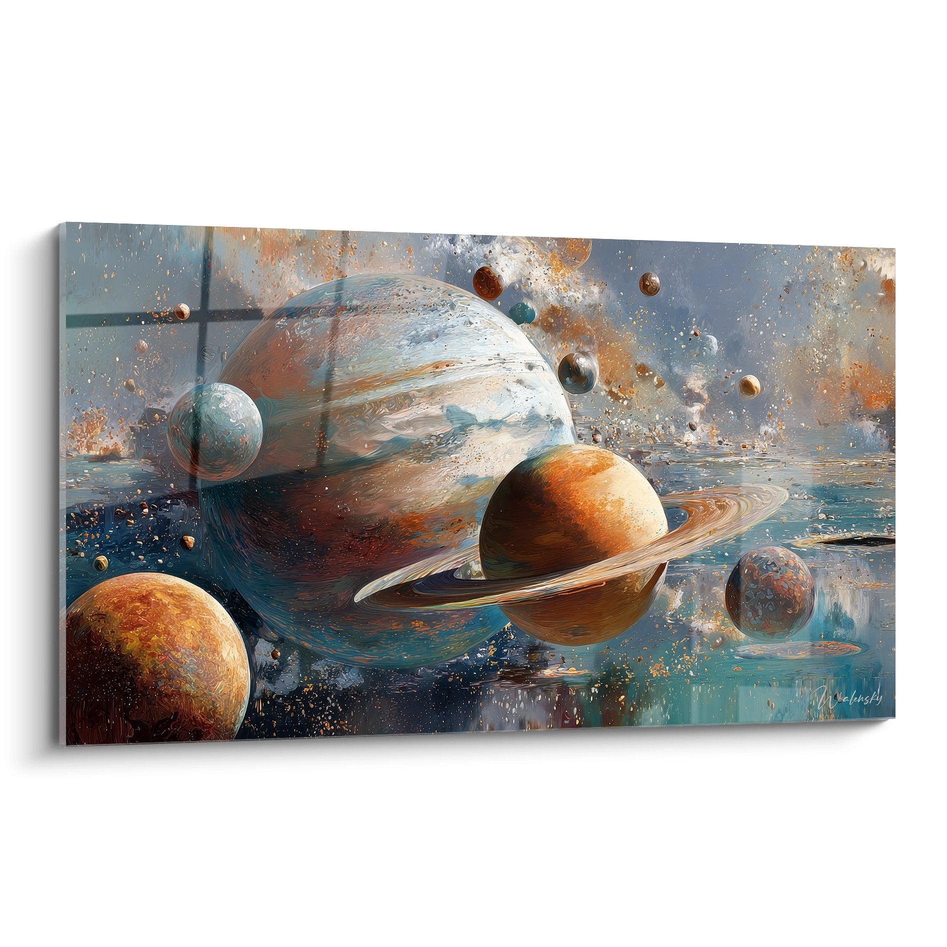 Tableau mural planètes système solaire aux couleurs cosmiques avec astres et satellites en orbite