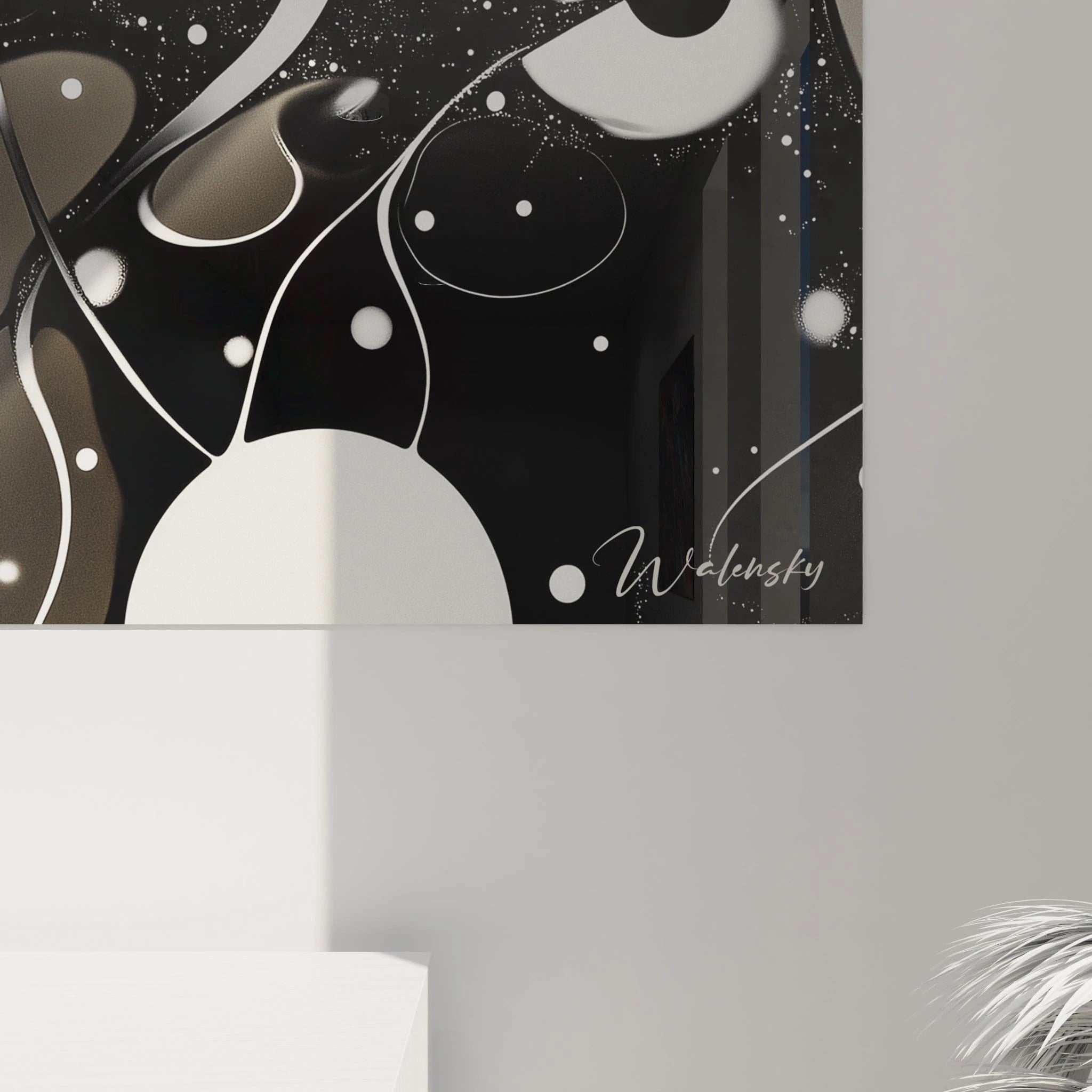 Tableau tacheté noir et blanc de Walensky avec motifs abstraits et textures intéressantes