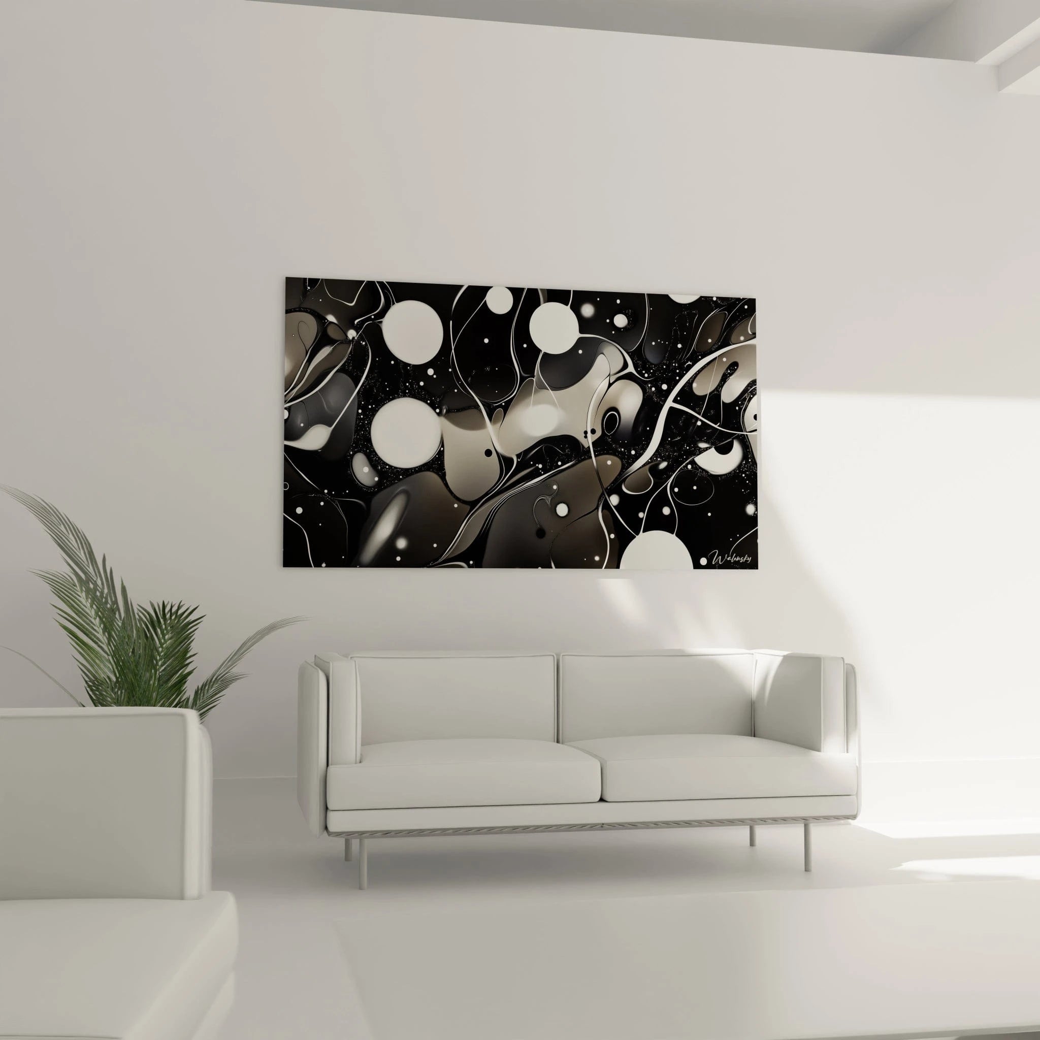 Tableau tacheté noir et blanc de Walensky avec des formes fluides pour une décoration moderne