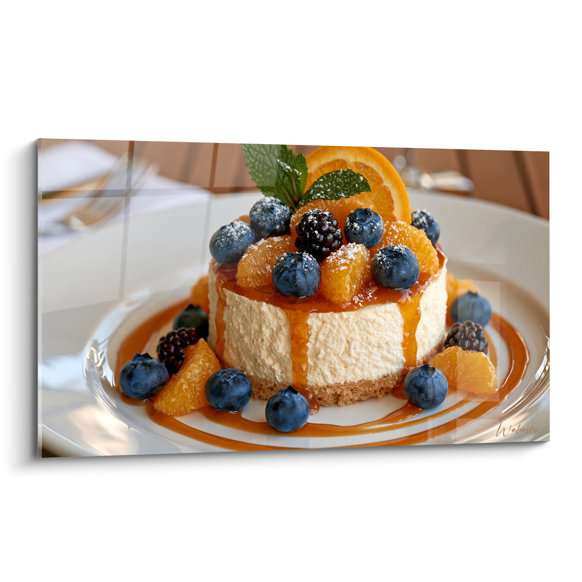 Cheesecake blanc garni de myrtilles bleu marine et d'agrumes orangés, nappé de sirop caramel doré