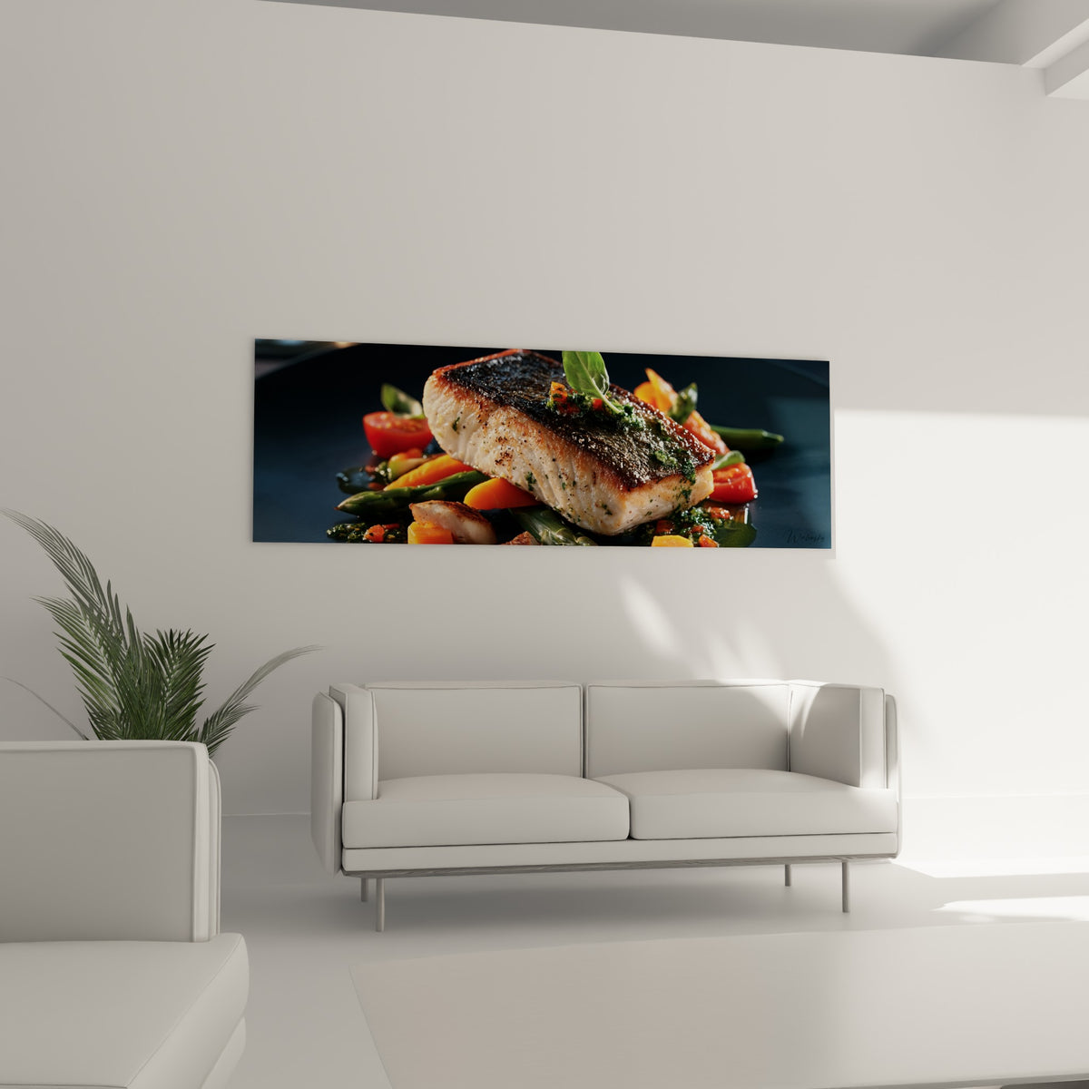 Dressage gastronomique orange et anthracite avec asperges vertes, au-dessus d'un canapé dans un salon lumineux